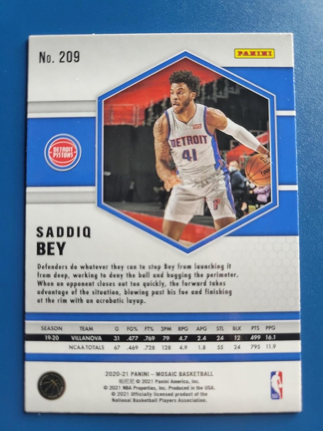 Saddiq Bey 2020-21 PANINI MOSAIC ROOKIE RC SILVER PRIZM #209 DETROIT PISTONS! - Basketball Cards