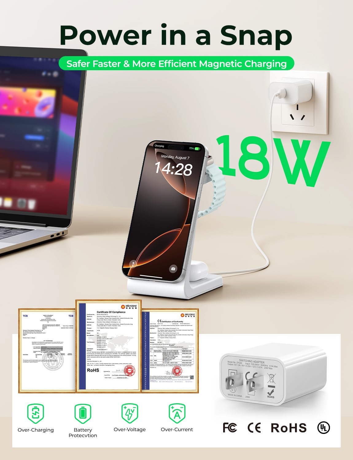 Meifigno 3 in 1 Wireless Charging Station for Apple MagSafe Charger, 15W Fast MagSafe Charger Stand Compatible with iPhone 17-12 Series, Apple Watch & AirPods, White