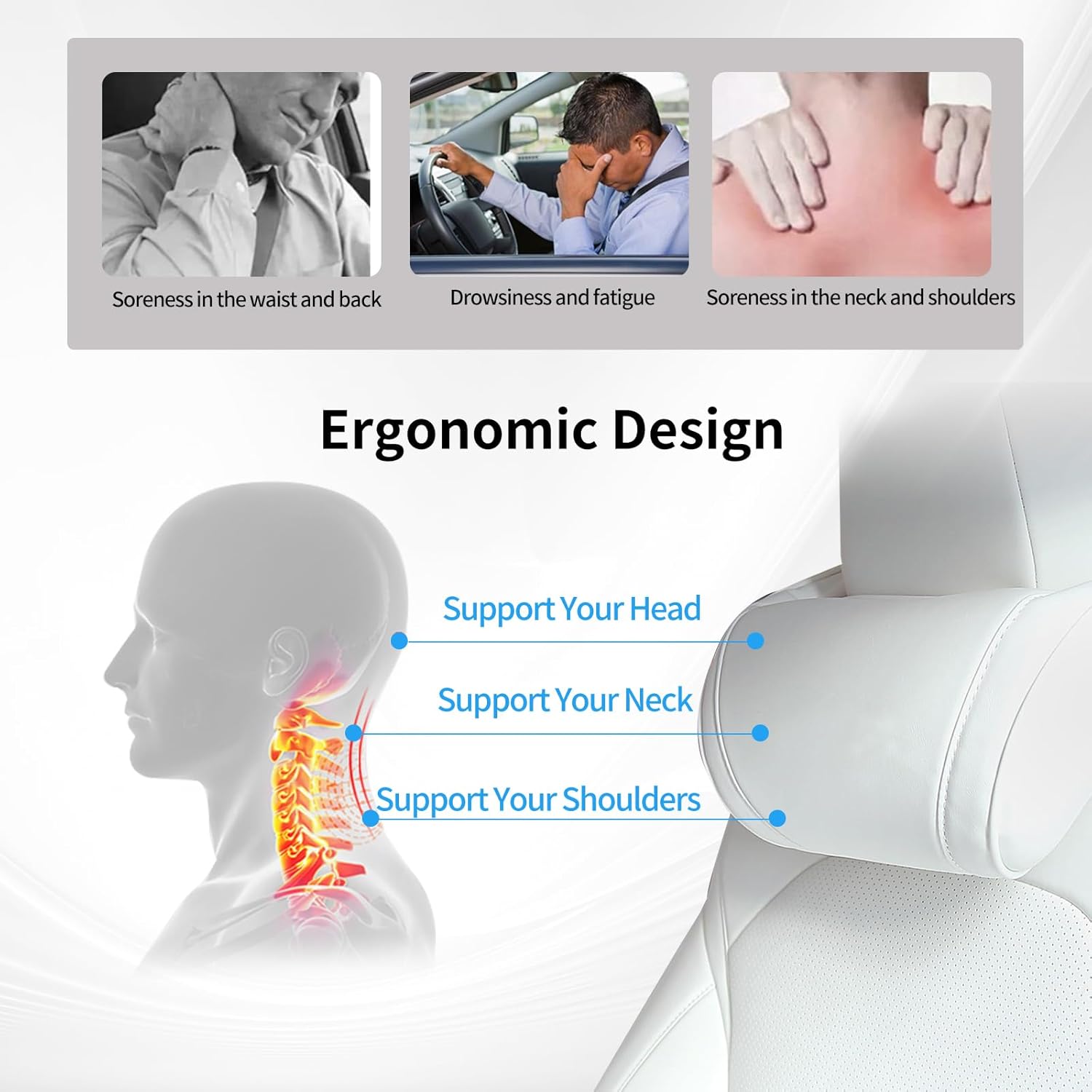 Car Neck Pillow for Tesla Model Y/3/S/X/Cybertruck Memory Foam Headrest Pillow Ergonomic Design Neck Support Seat Headrest Softness Comfortable Car Pillow (White, 2 Pack)