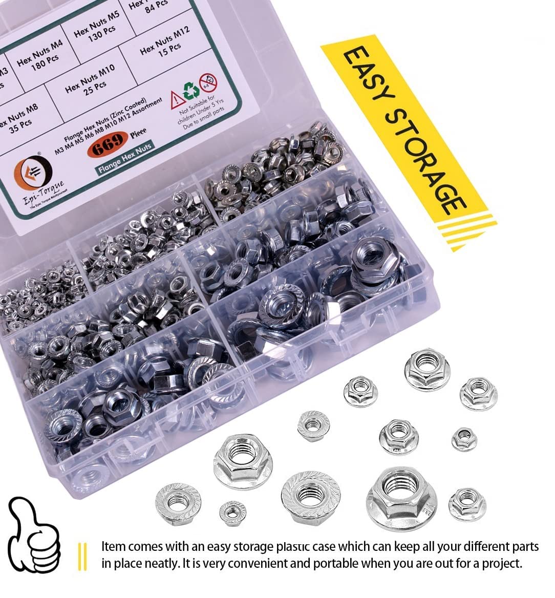 Zinc Coated Flange Head Hexagonal Nuts 7 Sizes M3, M4, M5, M6, M8, M10, M12 Pack of 669 Pcs Assortment