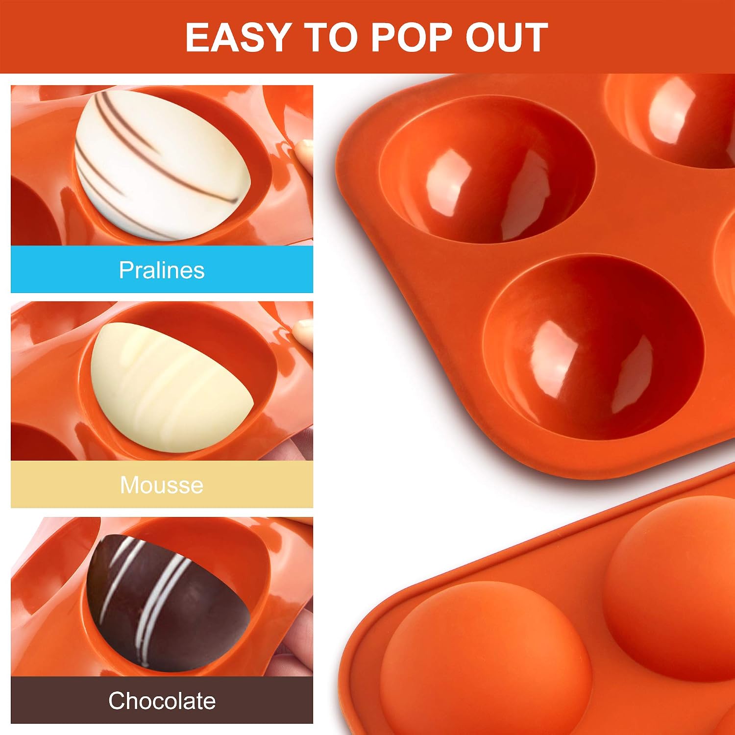 6-Cavity Semi Sphere Silicone Mold, Baking Mold for Making Hot Chocolate Bomb, Cake, Jelly, Dome Mousse (4 Pack)