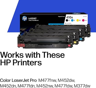 HP 410A Black, Cyan, Magenta, Yellow Toner Cartridges Printers (4-Pack) | Works with Color LaserJet Pro M452 Series; Color LaserJet Pro MFP M377, M477 Series | CF410AQ