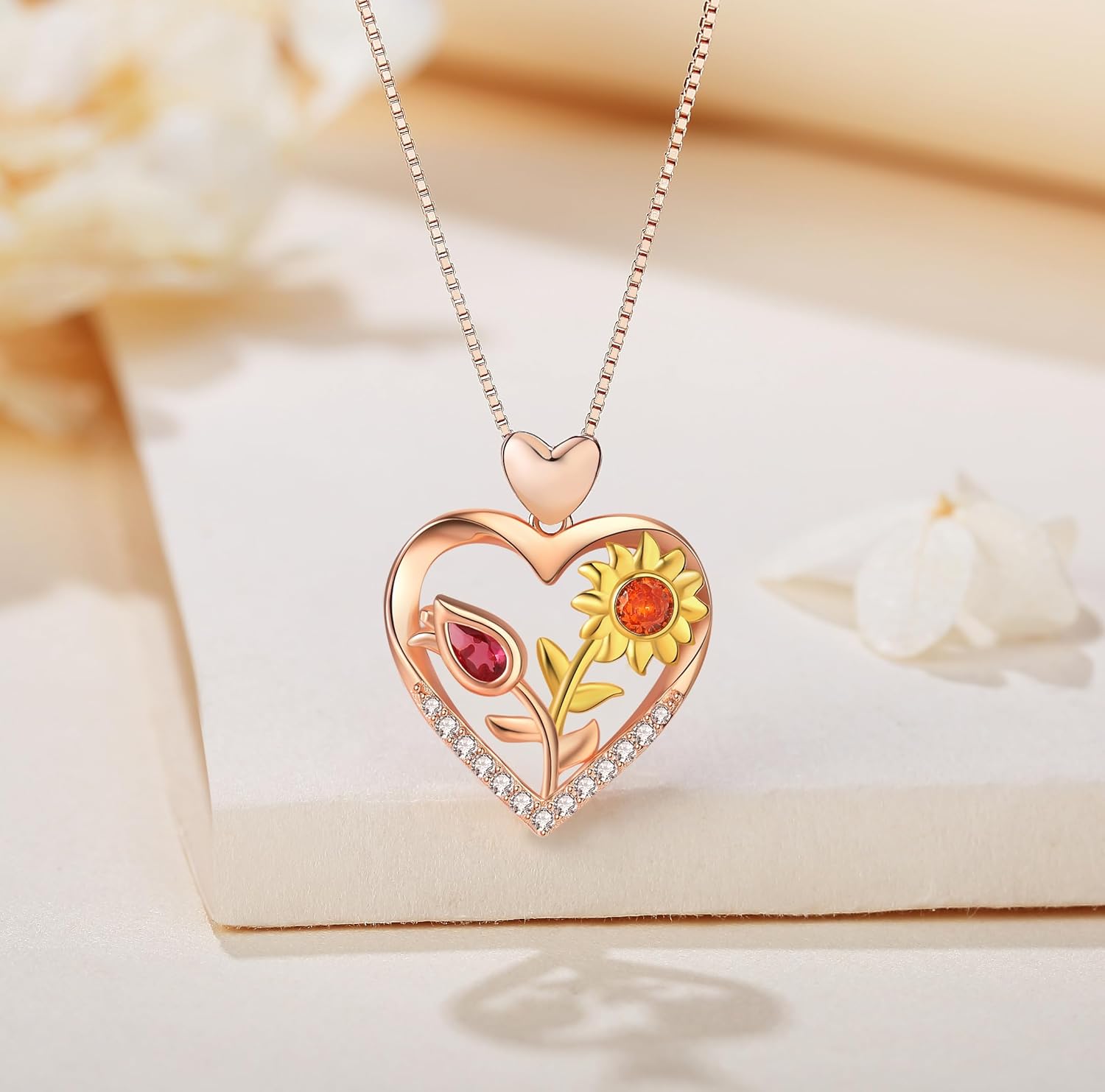 Sunflower Necklace S925 Sterling Silver Love Heart Pendent Necklaces Jewelry Mothers Day Birthday Christmas Gifts for Women Mom Daughter Sister