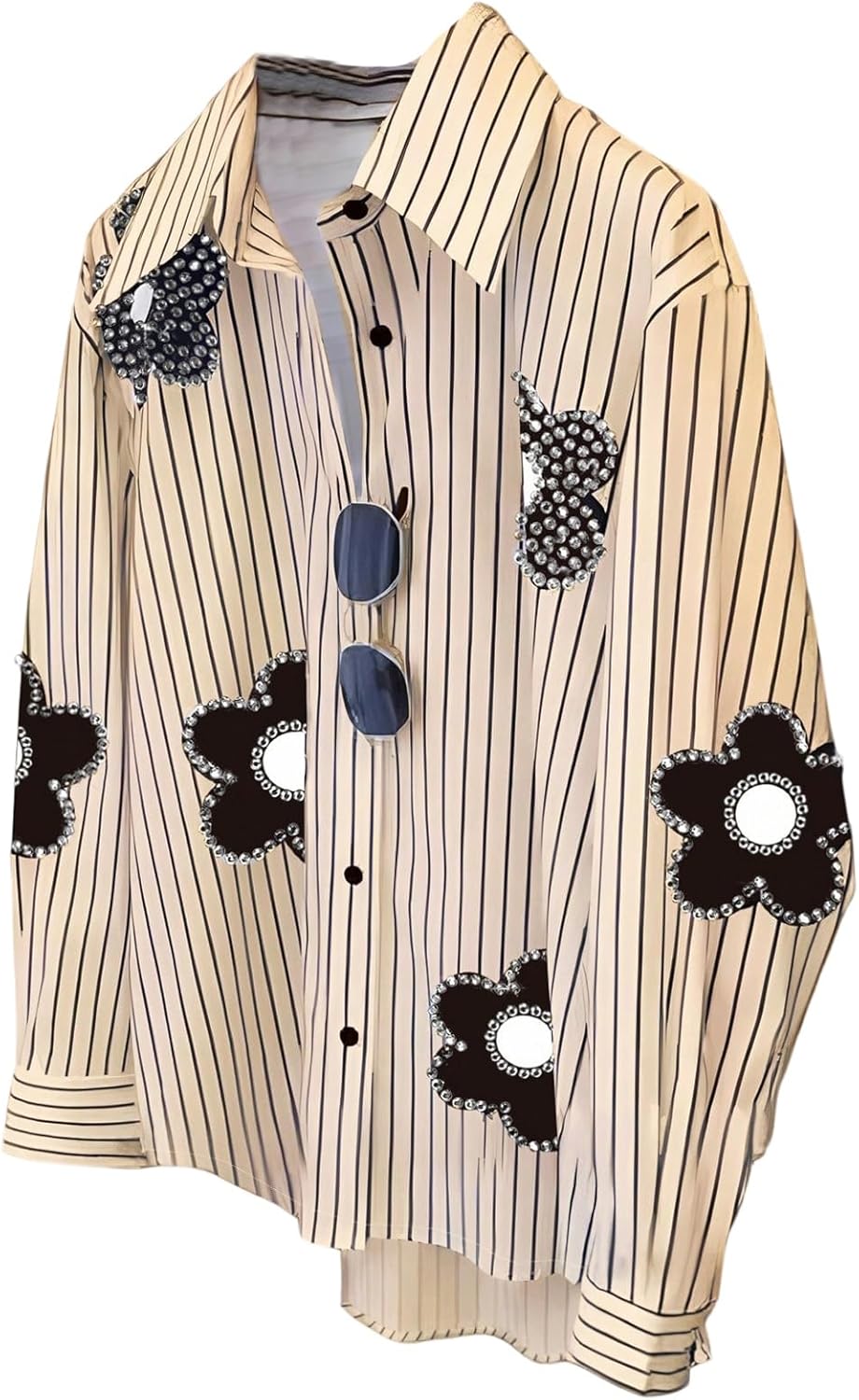 GORGLITTER Women's Floral Striped Long Sleeve Shirt Dressy Rhinestone Button Up Shirt Collared Blouses Business Casual