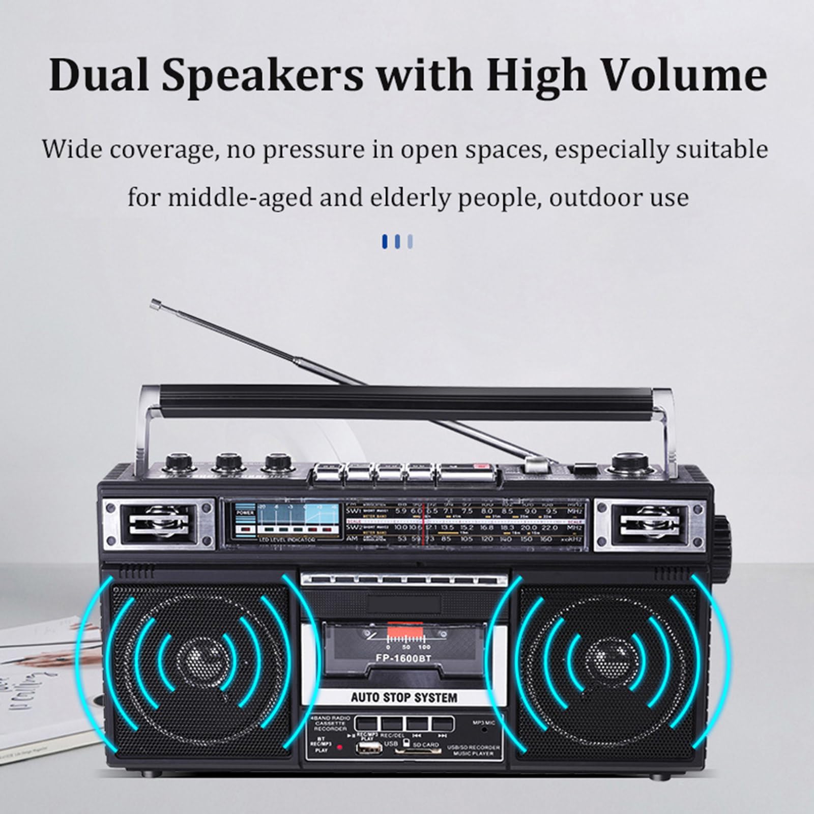 Retro 80s Style Bluetooth Cassette Player, przenośny radioodtwarzacz kasetowy i odtwarzacz z AM/FM/SW1-2, obsługuje karty TF/odtwarzanie USB i Bluetooth, nagrywanie/transkrypcja