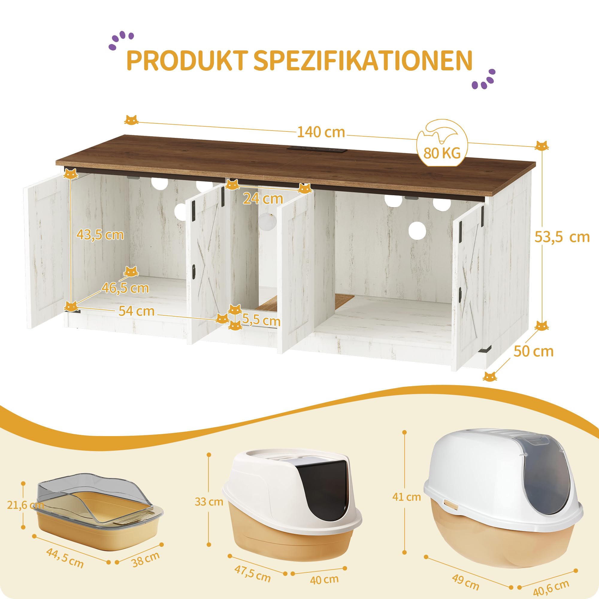 Hzuaneri Katzenschrank, 140 × 50 × 53,5 cm Katzenklo Schrank, Braun-Weiß | mit USB-Anschlüssen und Steckdosen, Katzentoilette für 2 Katzen, Katzenhaus für den Innenbereich mit Katzenglocke, CB82514X