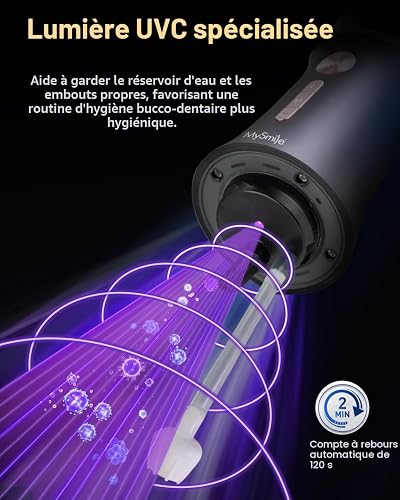 MySmile LP221 UVC Hydropulseur sans fil stérilisable pour les dents 335ML Écran OLED portable avec 4 modes, 8 embouts de jet et une pochette de rangement pour la maison et les voyages (Noir Minuit) - 5