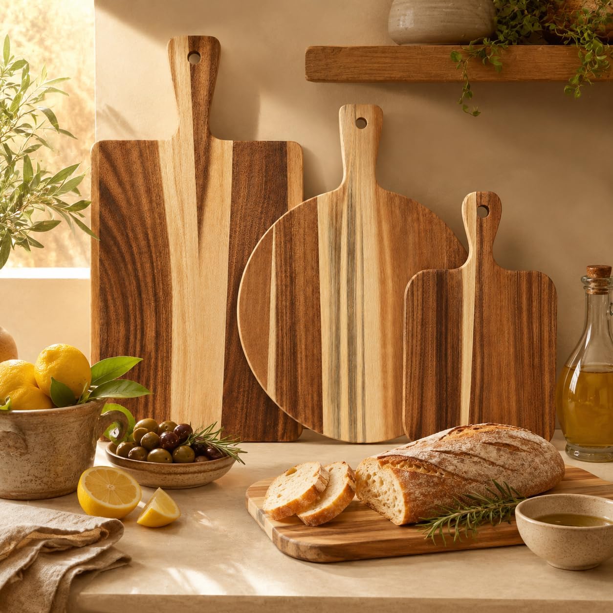 3 Pcs Acacia Wood Cutting Board Set with Handle, Wooden Cutting Boards for Kitchen, Wood Cutting Board Set for Serving Meat, Cheese, Bread, Vegetables, Fruit, Pizza, Acacia Wood Serving Boards