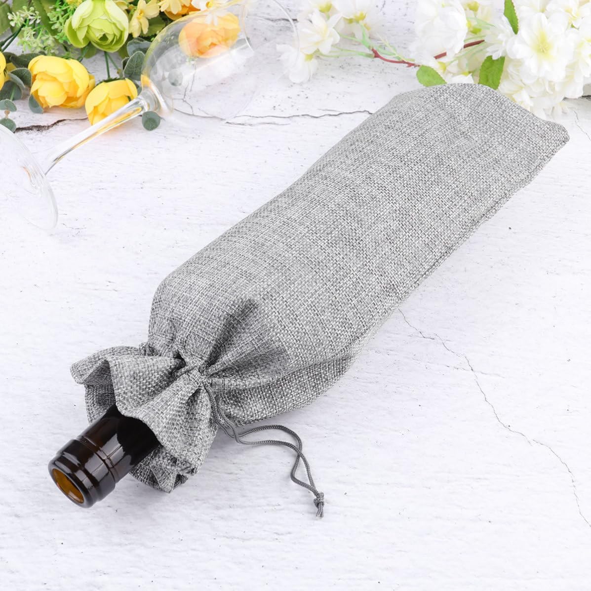 SEWOART 6pcs Linen Wine Bottle Bags with Drawstring, Breathable Reusable Wine Bottle Wrap Pouches for Party and Festival Favor Packaging