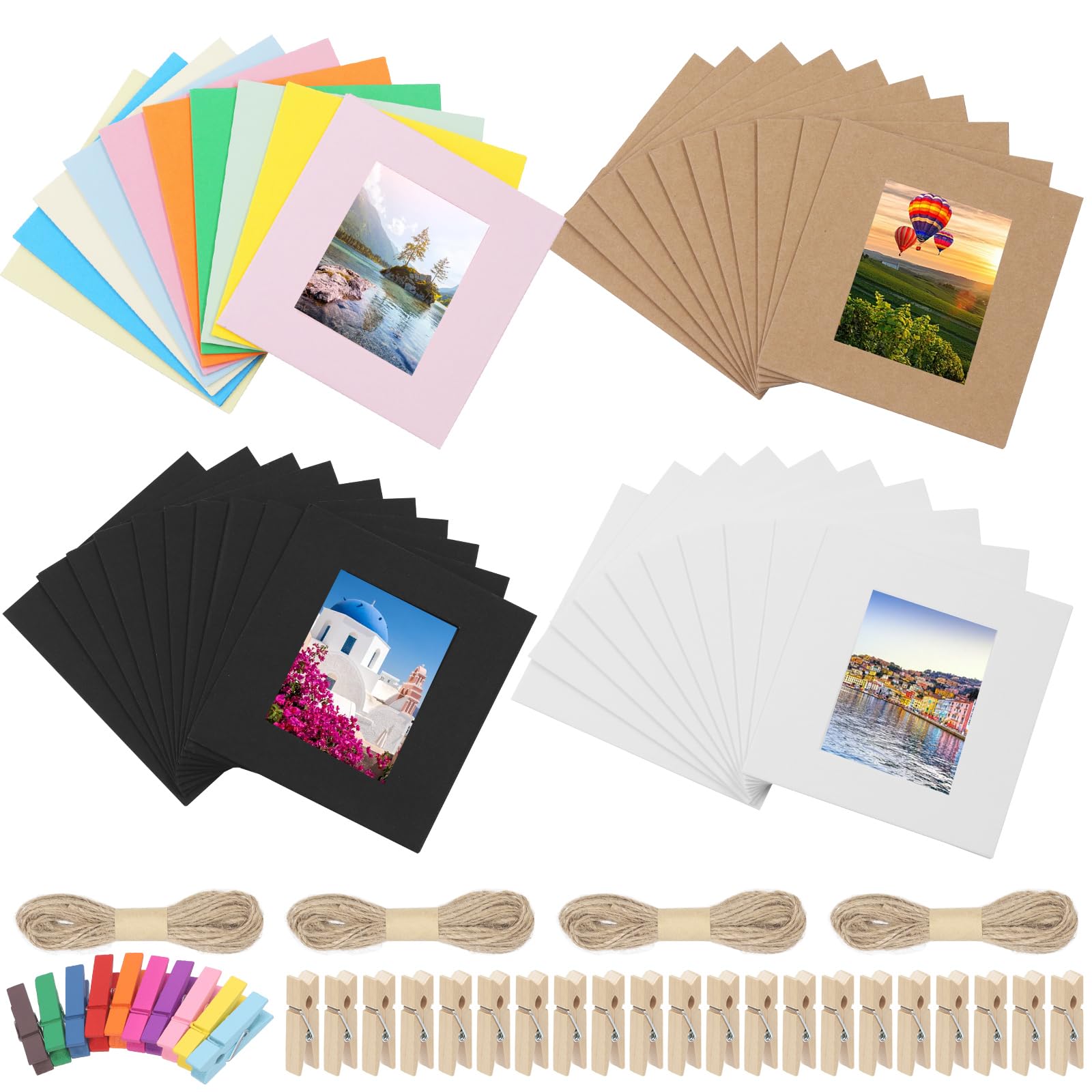 Lot De 30 Cadres Photo En Carton Coloré 9x9,5 Cm, Avec 30 Clips En Bois Et Corde De Chanvre - Pour Créer Une Guirlande Photo Murale DIY - 3