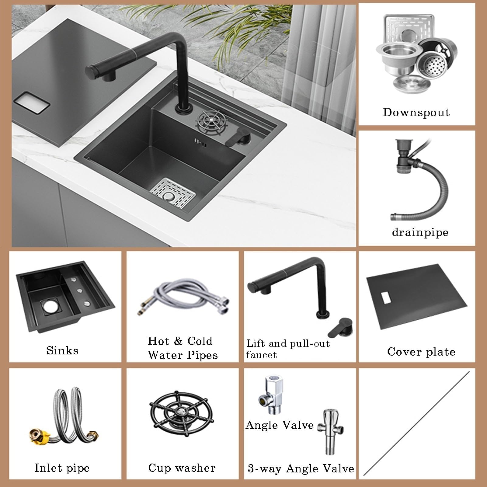 Lavello singolo nero per cucina, bar, salvaspazio, invisibile, per camper, vasca singola con coperchio, piccolo sifone integrato, rubinetto multifunzione in acciaio inox (2, 45 x 50 x 22 cm)