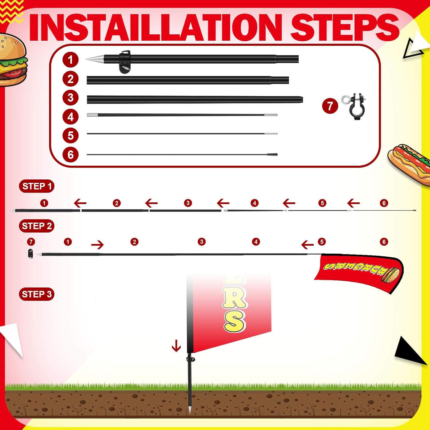 HunnmingRe 2 Set Hot Dogs Banner and Burgers Feather Flag Pole Kits, Advertising Swooper Flag with Pole and Ground Stake for Business, Restaurant, Outside Ground(7 ft)