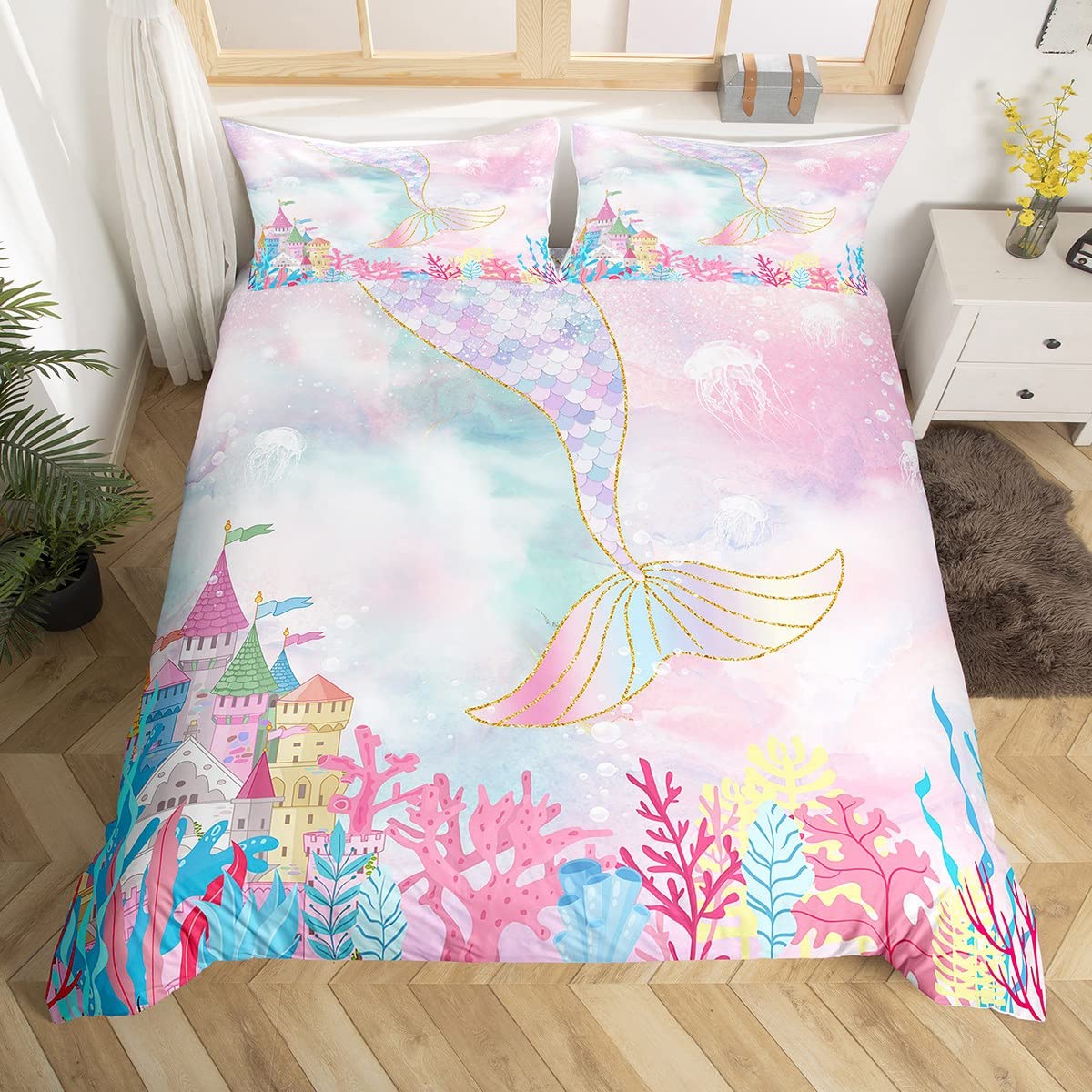 Erosebridal Mermaid Tail Bedding Kids Pastel Rainbow Gradient Glitter Comforter Cover Girly Kawaii Mermaid Princess Bedroom Decor Cute Little Mermaid Sequins Duvet Cover Full Size
