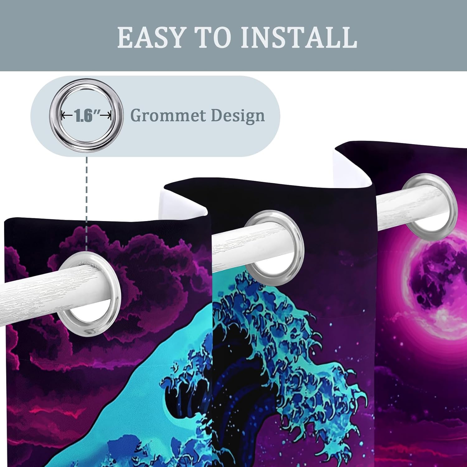 Japanese Curtains Blackout - Japanese Wave Window Curtains, Great Wave Curtain for Bedroom Living Room, Neon Vaporwave Blackout Curtain 96 Inches Long, Home Decor Drapes 2 Panel Sets