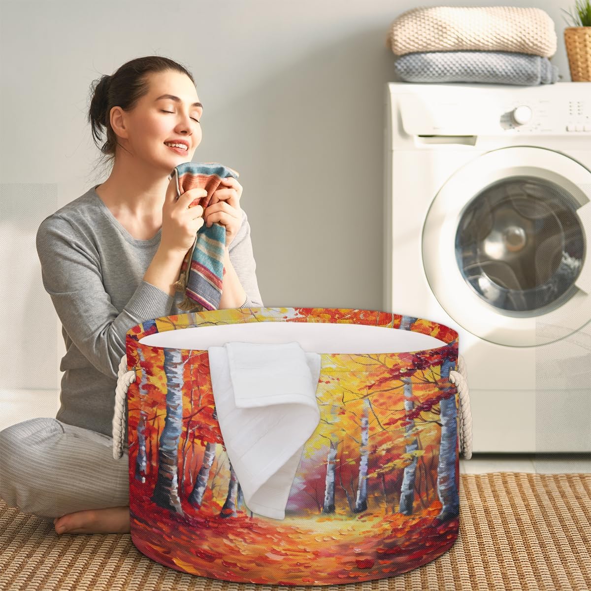 Large Round Laundry Basket Forest Fall Red Toy Bins Organizers and Storage for Girls Canvas Collapsible Blanket Storage Basket Laundry Hamper Gift Baskets Bedroom Clothes Children Nursery