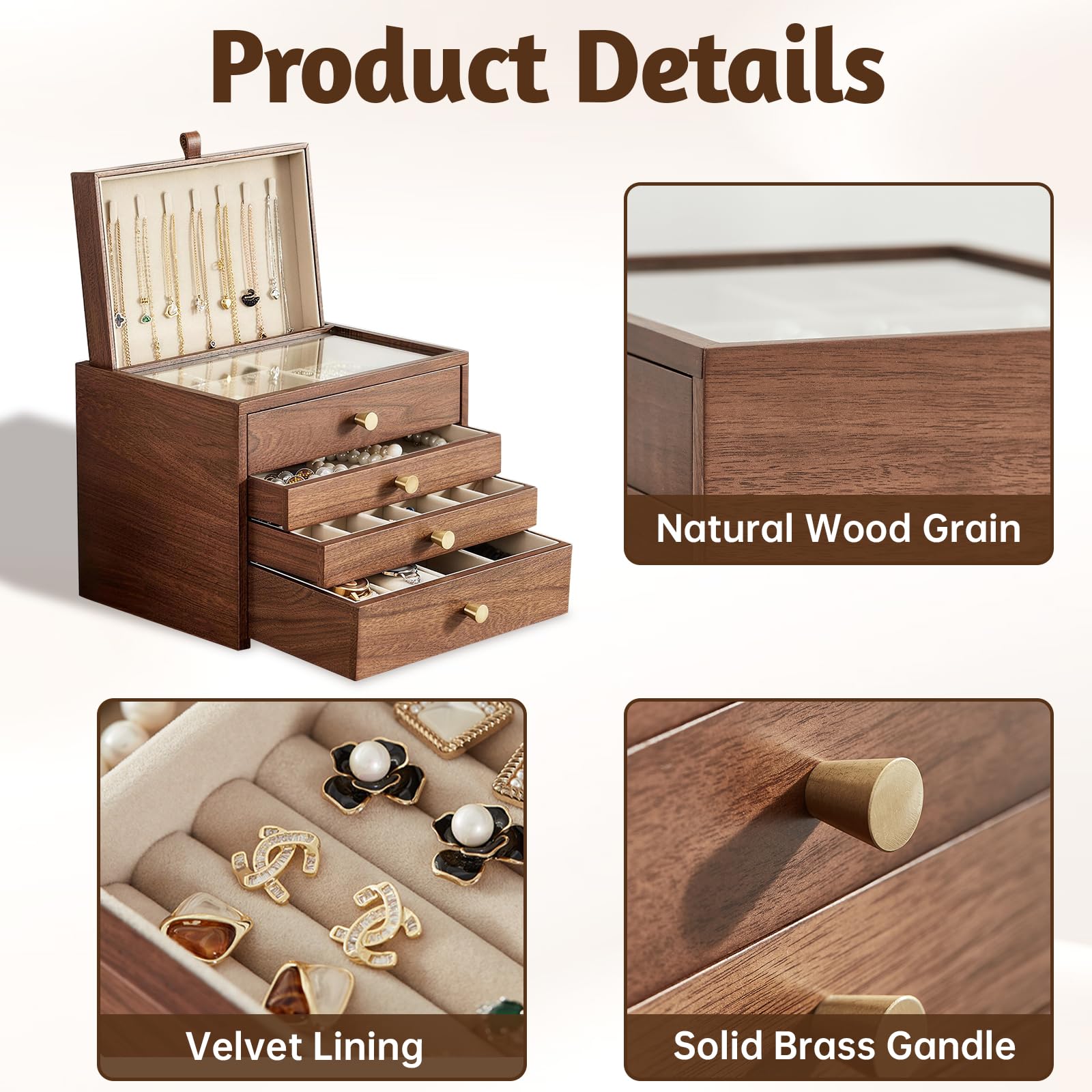 Joyero grande de madera para mujer, organizador de 4 capas de nogal negro con tapa de cristal, caja de almacenamiento clásica para anillos, collares, pendientes, relojes, regalos del día de
