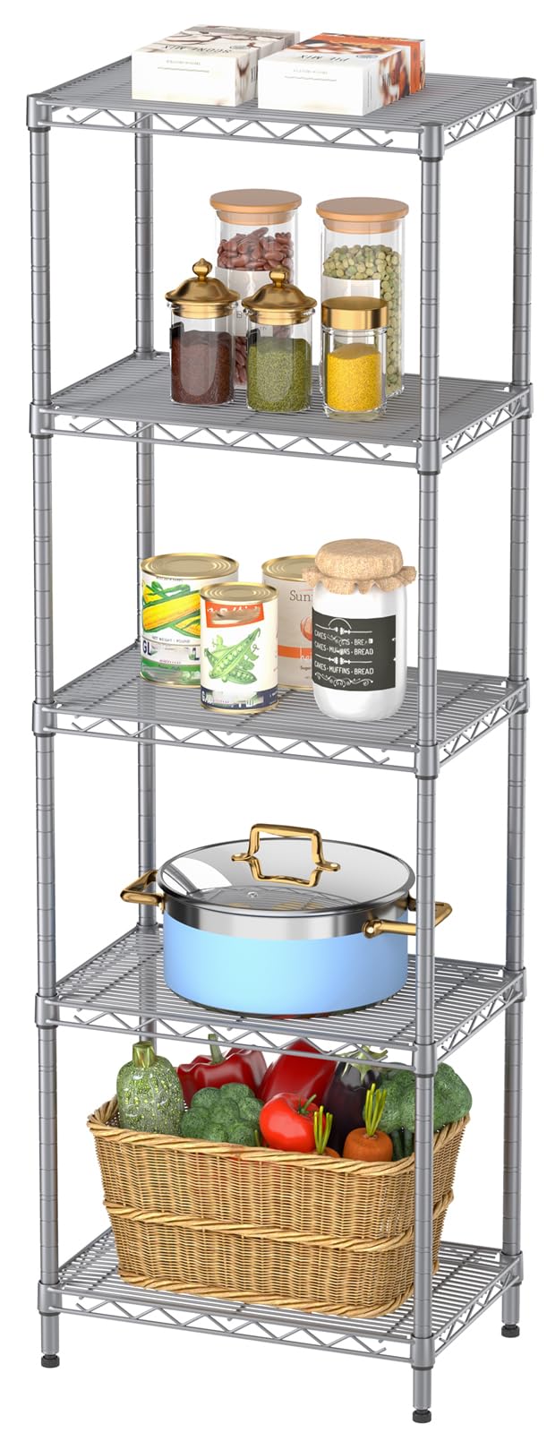 SINGAYE 5 Tier Shelf Wire Shelving Adjustable Storage Shelves Rack Standing Units for Kitchen Closet Laundry Bathroom Organizers Metal Pantry Narrow