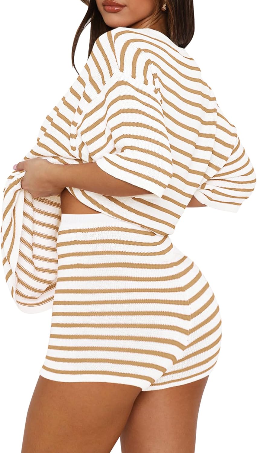 Yousify 2 Piece Sweater Set for Womens Summer Short Sleeve Tops Striped Matching Shorts Lounge Sets S-2XL - Image 4