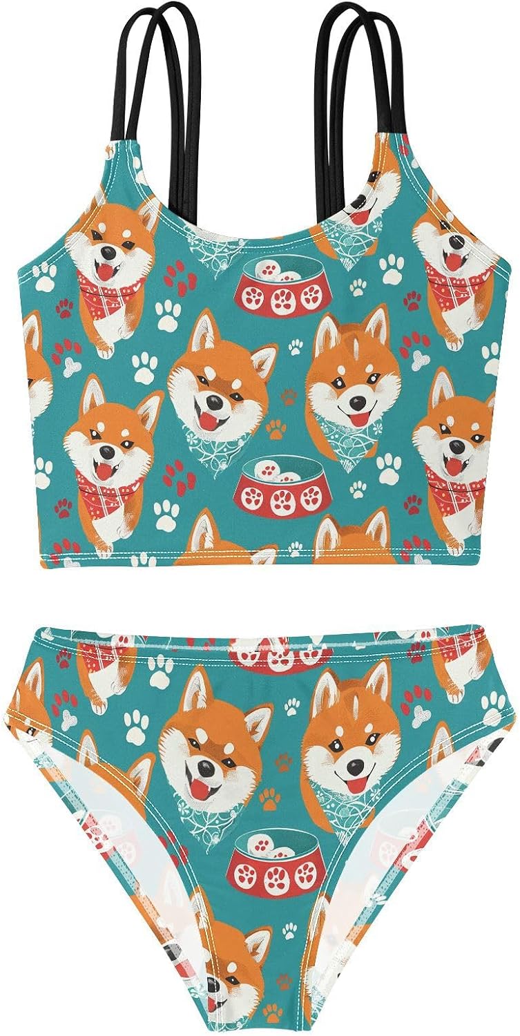 visesunny Girls Two Piece Swimsuits Cute Shiba Inu Green Girl's Bikini Sets Bathing Suits for Girls Size 5-12Y
