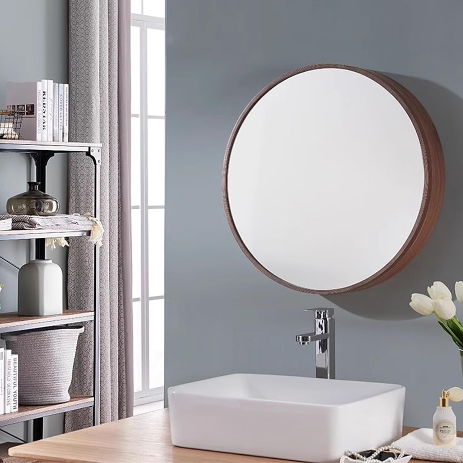 Bathroom Mirror Cabinet Brown Round Mirror Cabinet Bathroom Makeup Mirror With Storage Rack Wall Mounted Storage Cabinet(70cm)