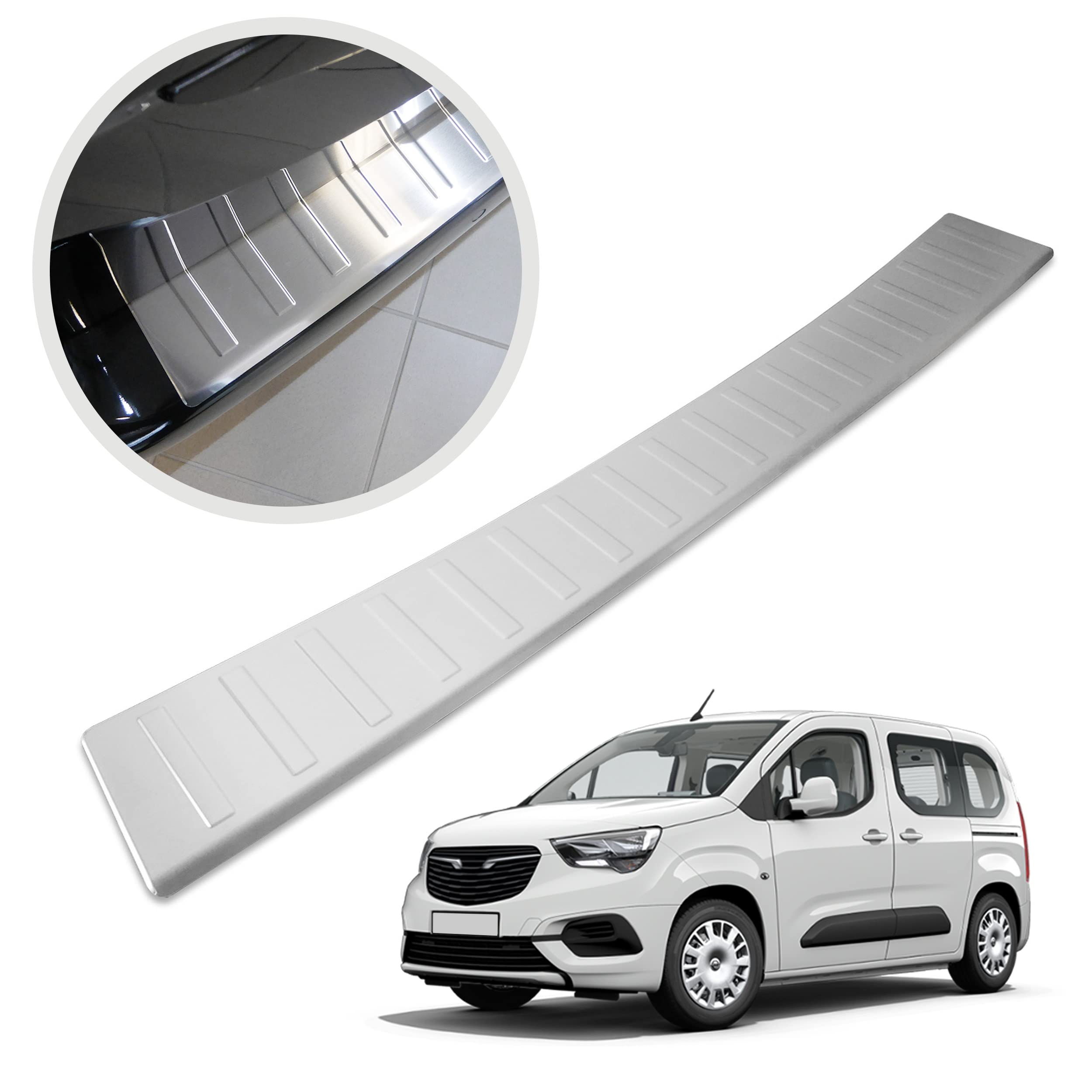 CHROMEMASTER | Protection de Pare-Chocs arrière | Compatible avec Opel Combo de 2019- | Acier INOX brossé, Argent Mat | Protection de seuil de Coffre pour protéger Votre Voiture des Rayures