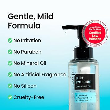 coxir Ultra Hyaluronic Cleansing Oil - Hydrating Korean Oil Cleanser & Makeup Remover for Face, Gentle Fragrance-Free Formula for Dry&Sensitive Skin, Non-Comedogenic [150ml / 5.07 fl.oz]