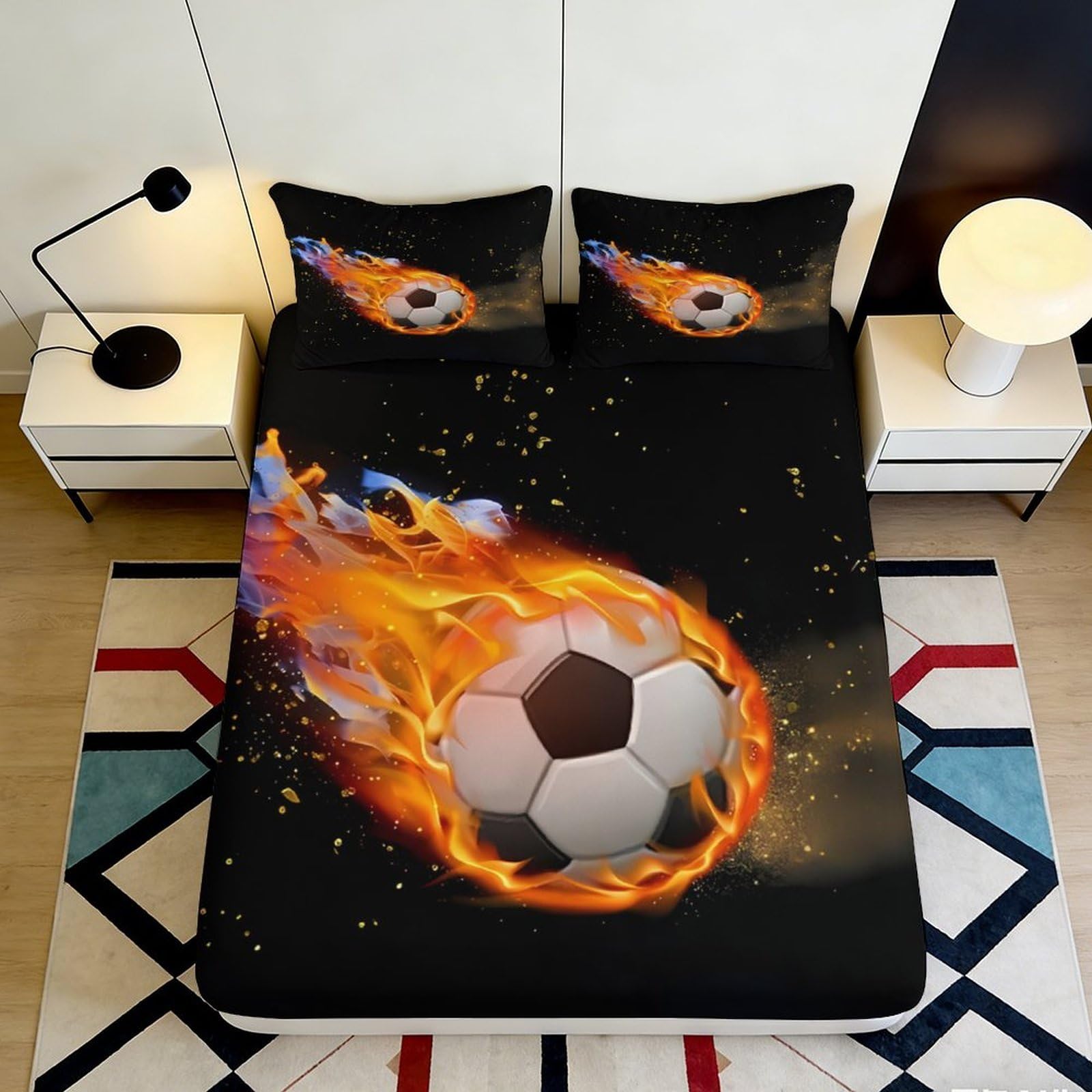 3D Printed Flaming Soccer Ball Fitted Sheet Microfiber Soft Durable Fire Pattern Bed Cover for Bedroom Dormitory Guest Room Mattress Protection 200x200x25cm