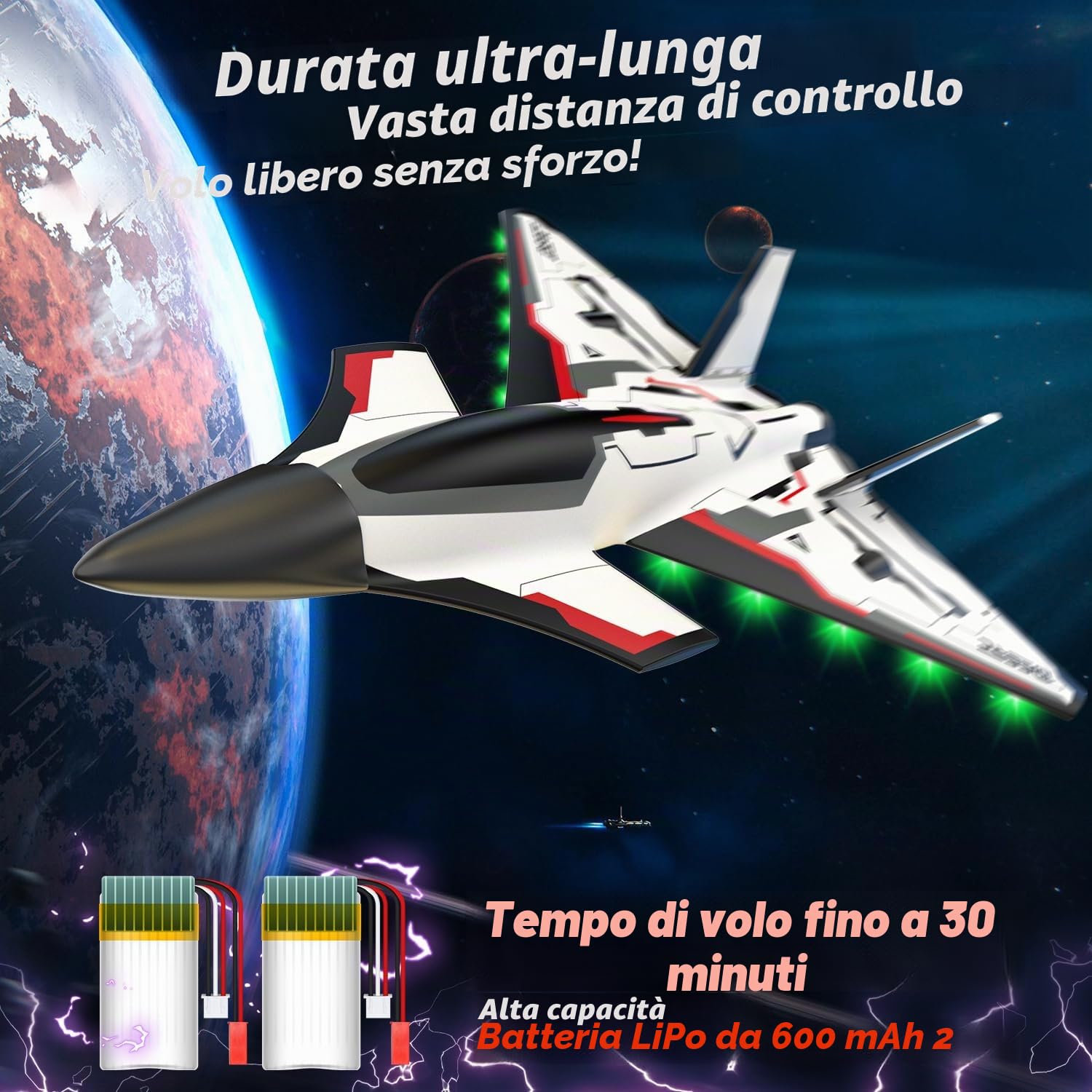 DEERC Aereo telecomandato Future RC Aereo a 4 canali con luci LED, facile da volare, aereo acrobatico, stabilizzatore giroscopico a 6 assi 2.4GHz, RTF, per adulti, bambini, principianti e ragazzi.