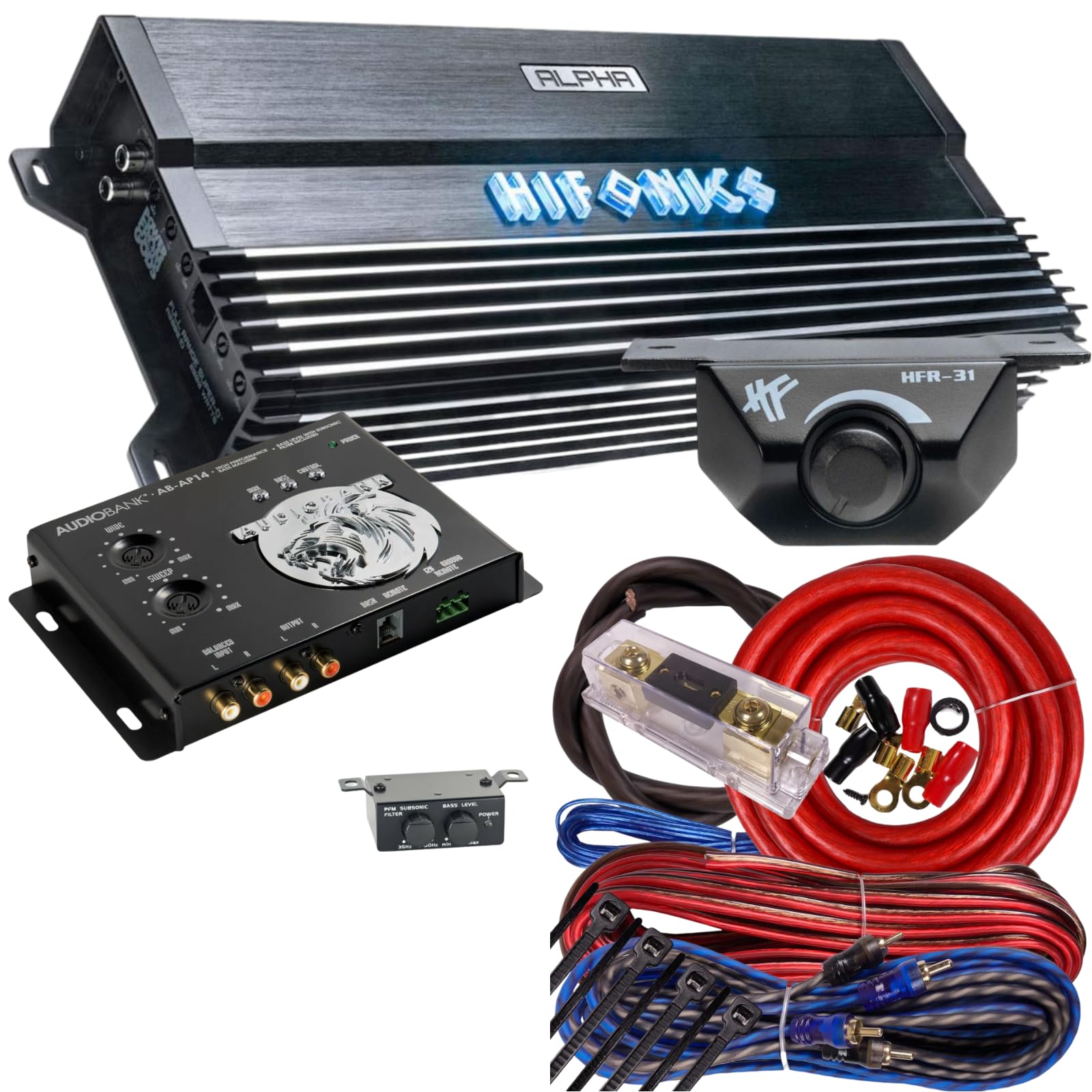 Hifonics Alpha A1500.1D 1500W Super D-Class Monoblock Car Amplifier with Audiobank Epicenter AP14 & Amp Kit, Bass Remote, and Installation Hardware