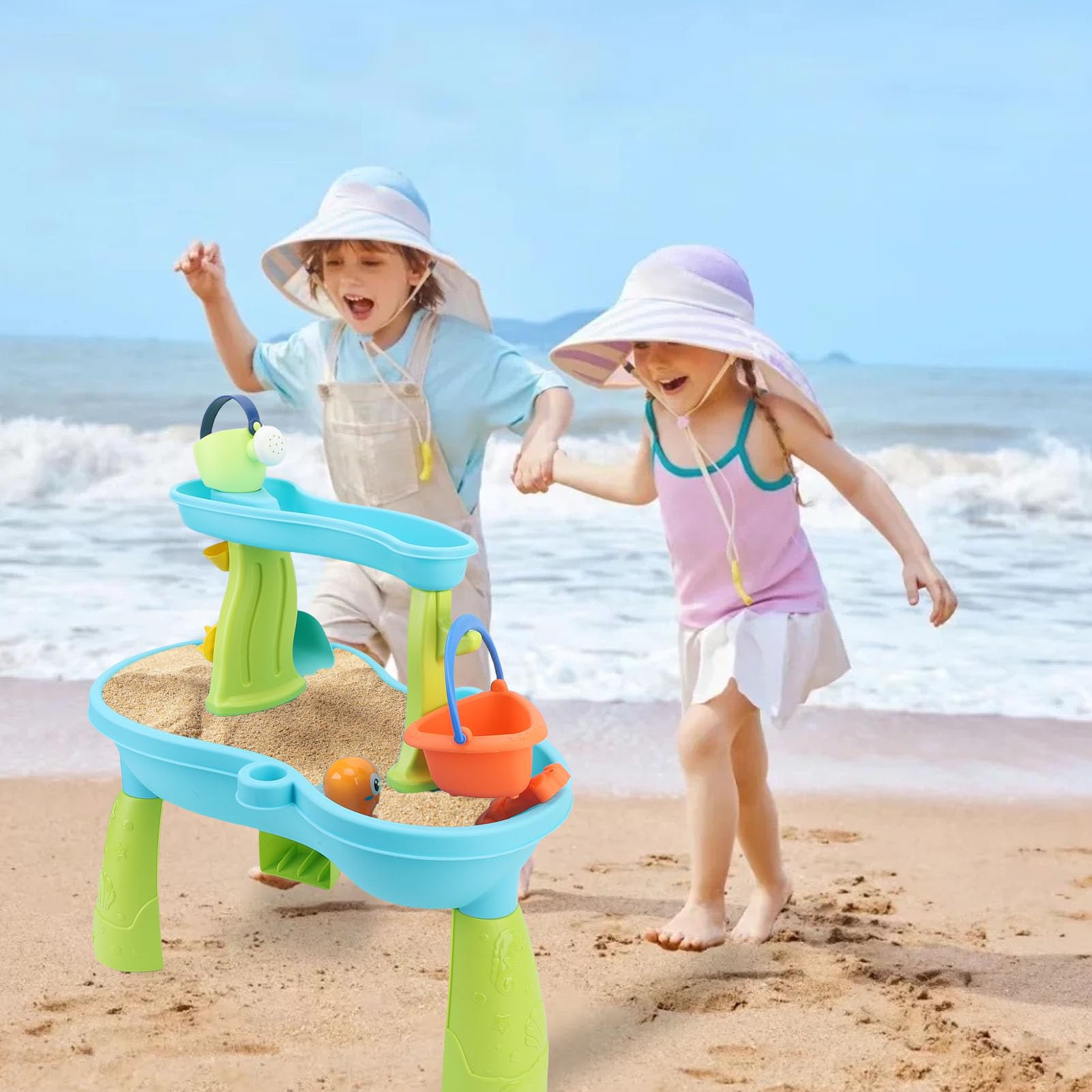 Jiawu Sandtisch, Geräumiger Sandspielbereich aus Lebensmittelechtem Kunststoff, Sandtisch-Set für Drinnen und Draußen, mit 19-teiligem Zubehör für Familien, Kindergarten, Eltern-Kind-Spiel