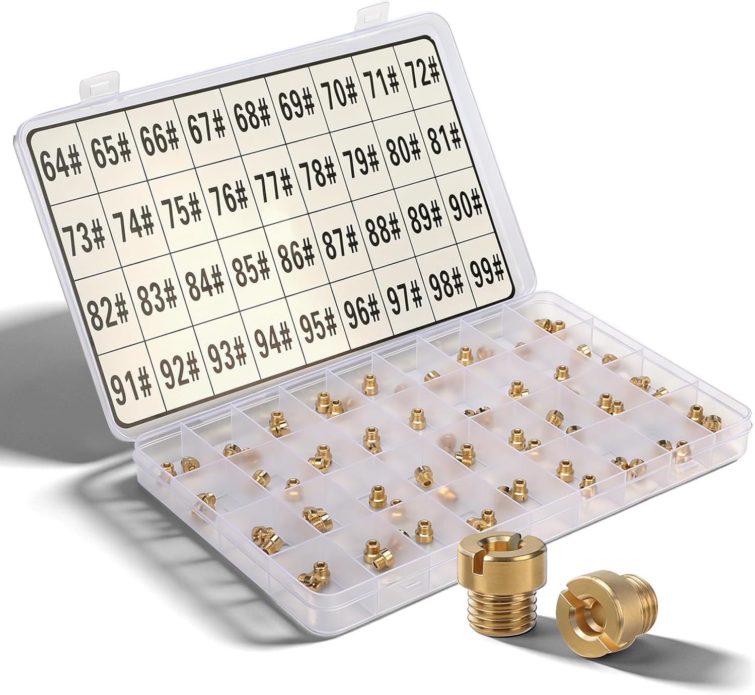 Carburetor Main Jet Assortment Kit 36-181 – 72 pcs Brass Jets #64-99 (2 Each), 1/4"-32 Thread – Fits Ho-lley Models 4150, 4160, 4500, 2300, 4010, 4011, 2010 – Tuning Kit with Storage Case