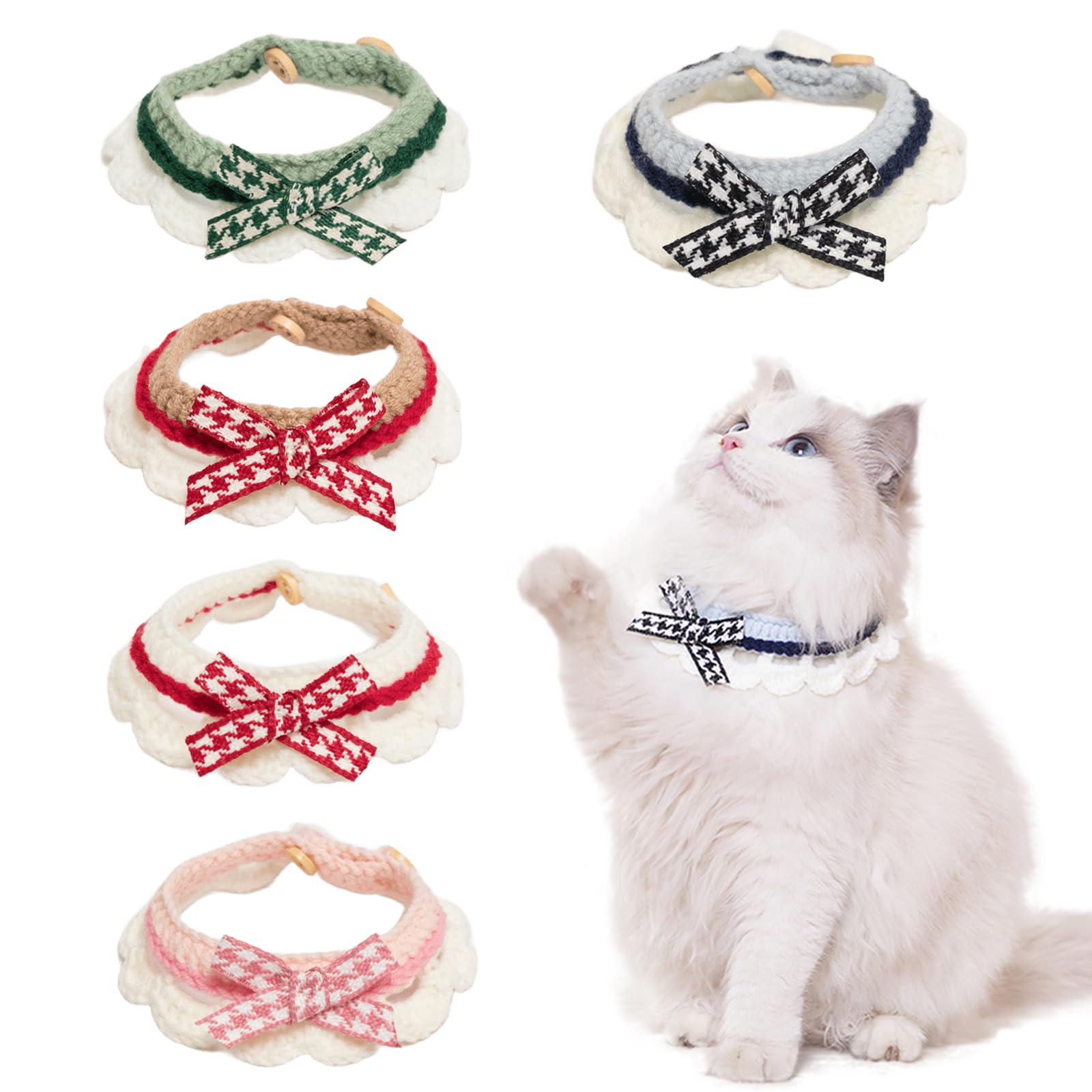 5PCS Cat Collars, Cute Kitten Knitted Collars, Adjustable Puppy Bow Bib with Button, Milk Cotton Yarn Woven Scarf Costume for Kitty Puppy Small Dog (S)