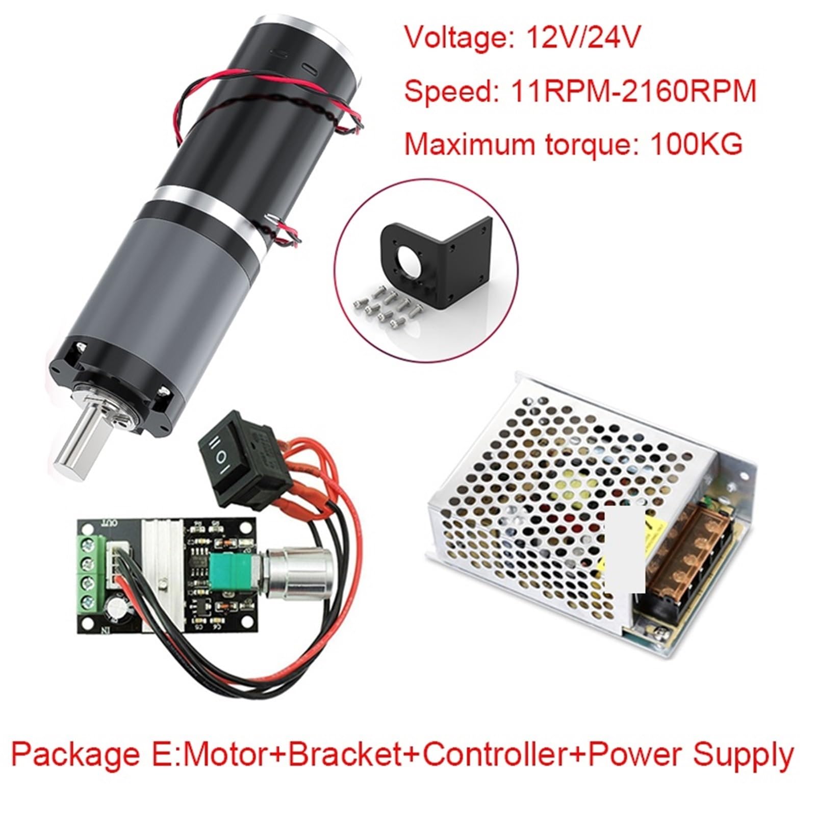 Motor Reductor planetario 32GP-31ZY 12V 24V 11RPM-2160RPM 0,5-100Kg.cm Soporte + Controlador + Fuente de alimentación inversa Ajustable(12V 15RPM,Packaged)