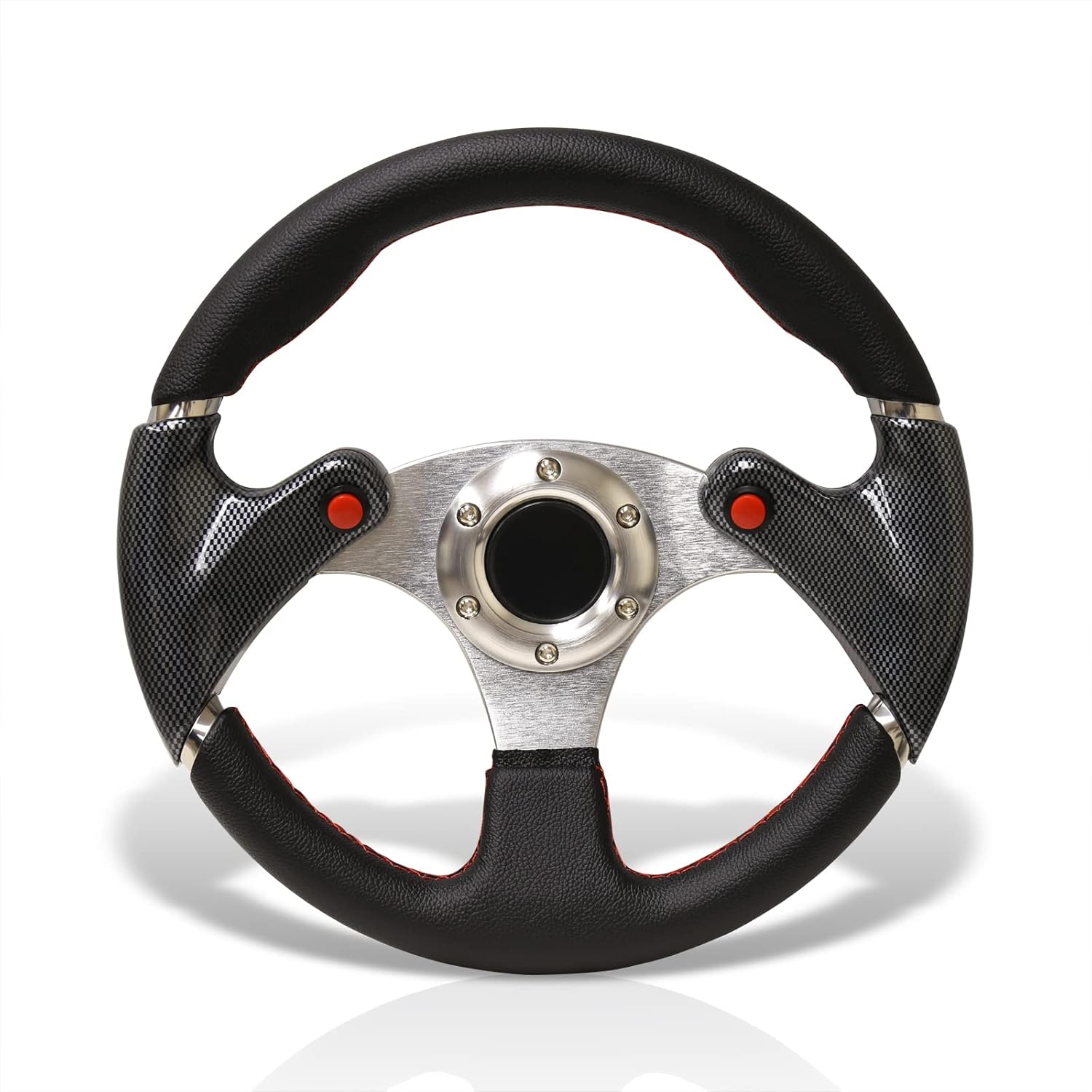AJP Distributors Universal 320mm 13" Dual Boost Button Style 6 Bolts Holes Steering Wheel w/Horn Button, JDM VIP Light Weight 3 Spoke Aluminum, Black PVC Leather with Red Grip Handles