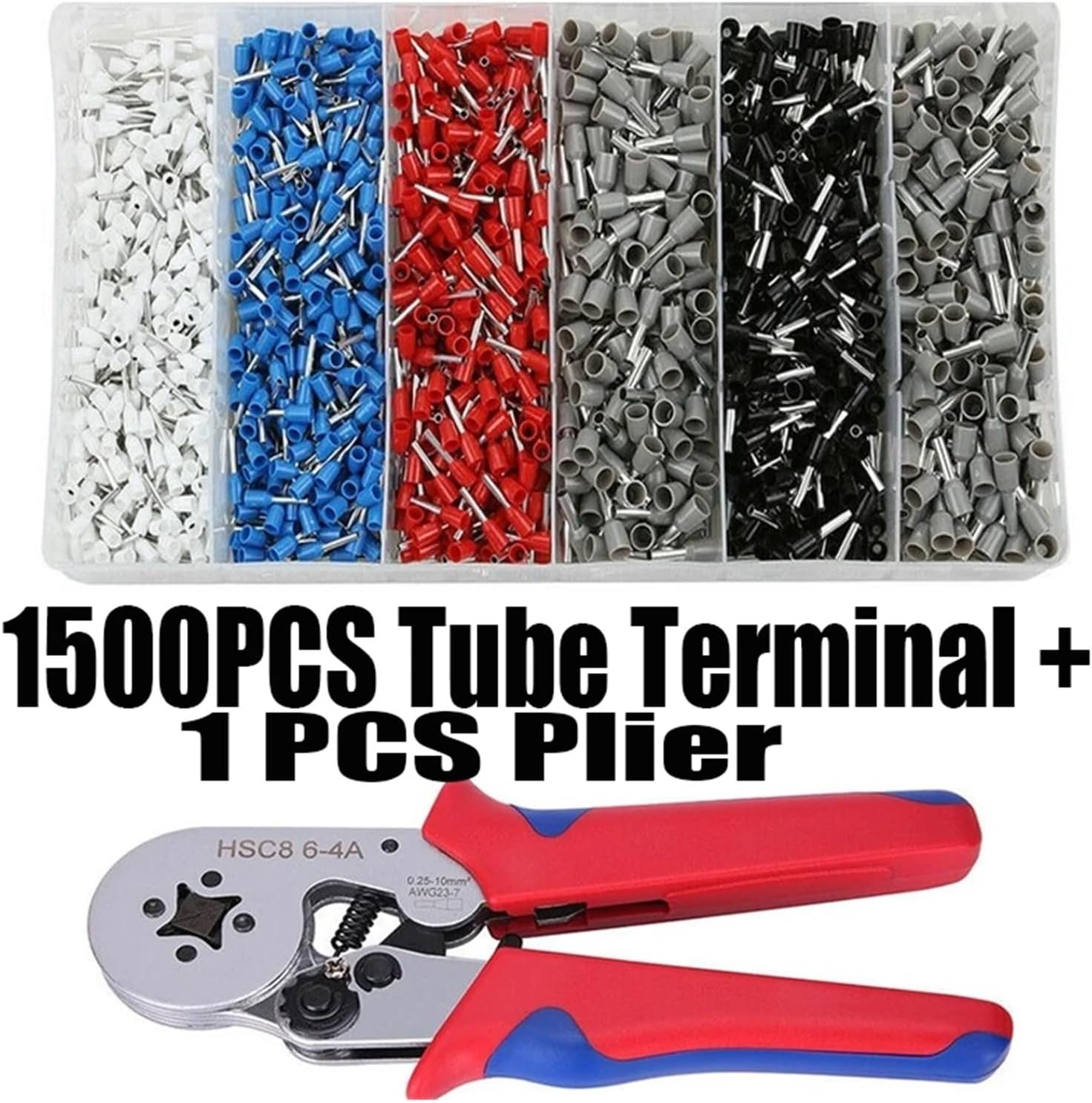 1500pcs Tube Terminal Insulated Terminal+ 1PCS Pliers HSC8 6-4 Crimping Tool 0.25-10mm² Wire Connector Electrical Tube Terminals VUQLDHAYZ
