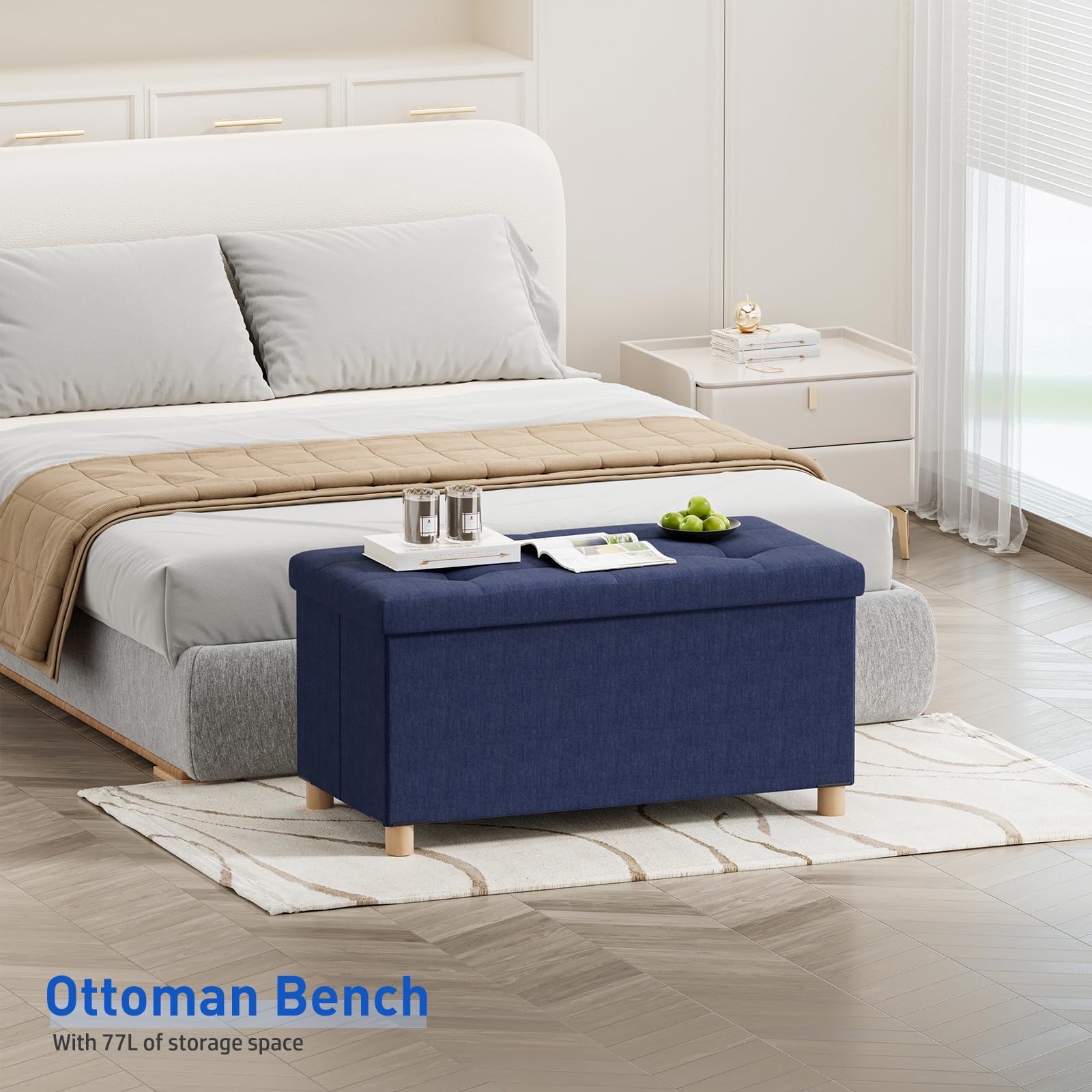 BRIAN & DANY Pouf Contenitore Rettangolare, Panca Con Gambe, Sgabello, Cassapanca da Interno, Baule, Blu, 76 x 38 x 38 cm