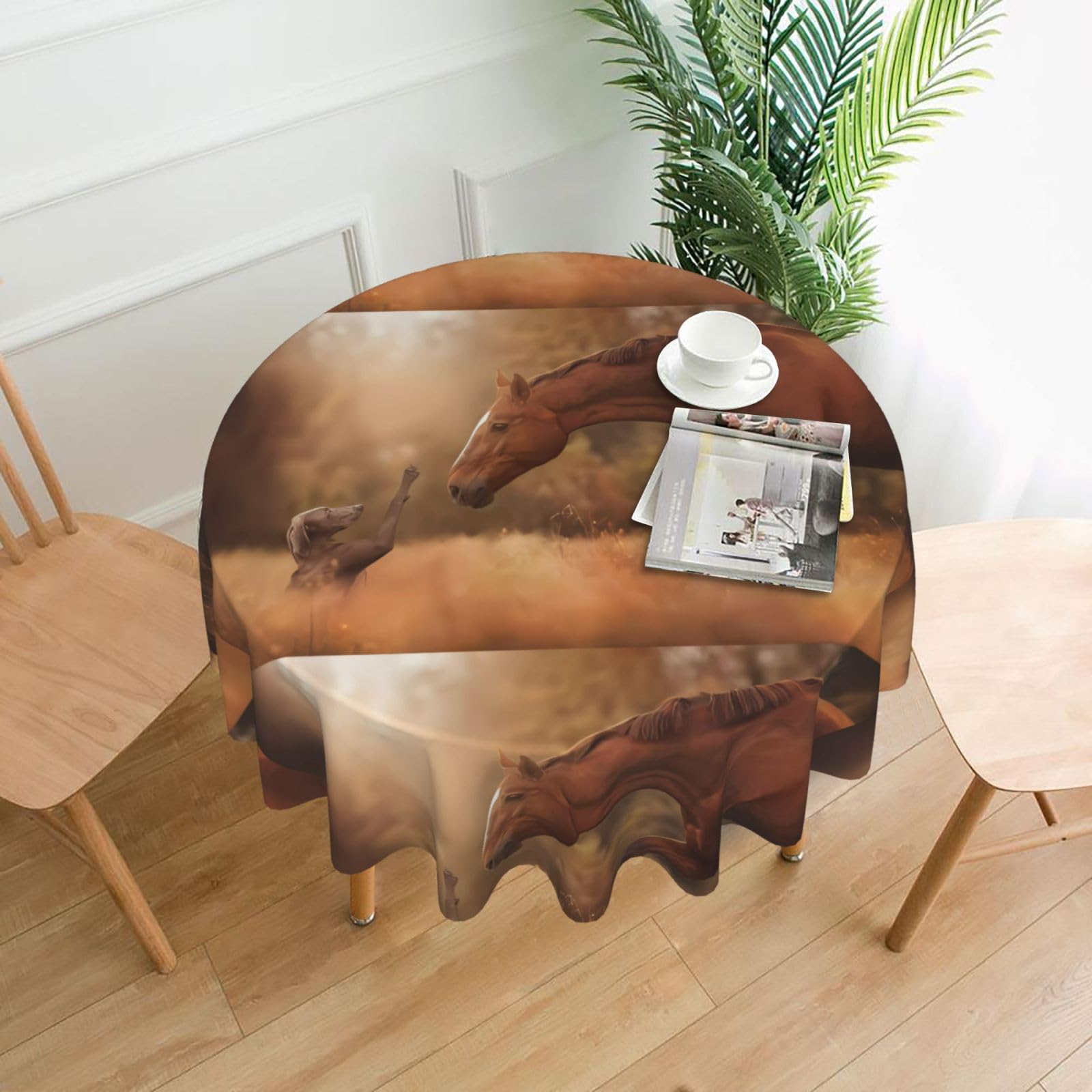 Whjssf Black Horse Meets Dog Prints Round Decorative Tablecloth 60In - High-Grade Polyester Table Throw For Dining & Outdoor Parties