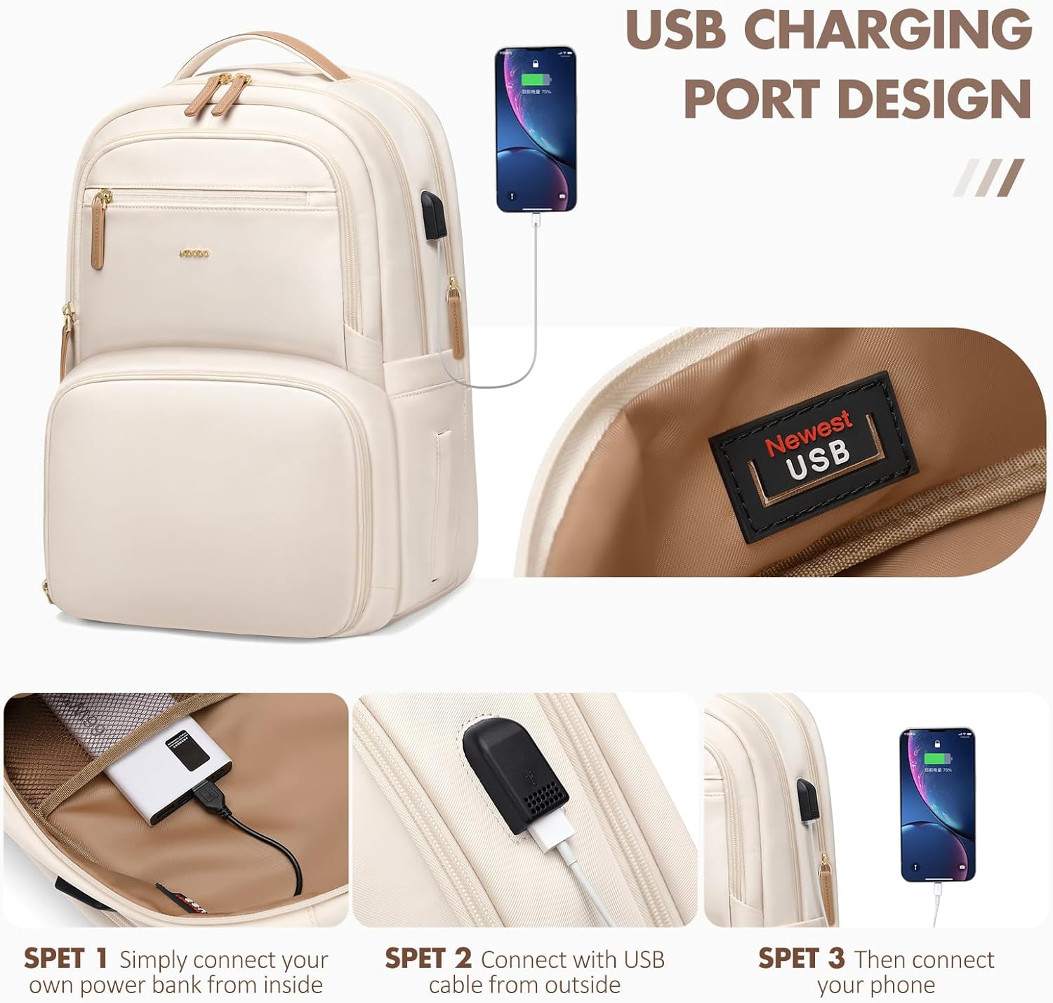 Lunch Backpack for Women Men,15.6Inch Insulated Lunch Box Backpack with USB Charging Port, Diaper Laptop Back pack for Travel Picnic Work Teacher Nurse,Beige - Image 7