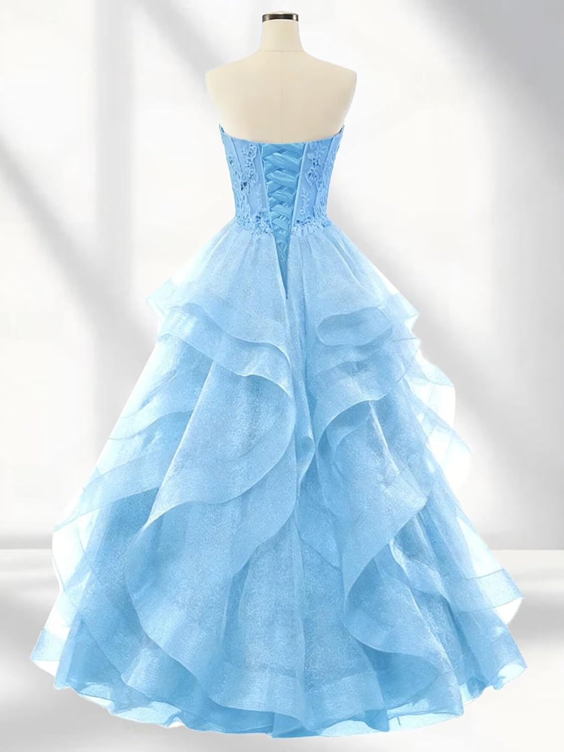 Glitter Tulle Prom Dresses Tiered Strapless Lace Ball Gown Ruffle Long Formal Party Gowns