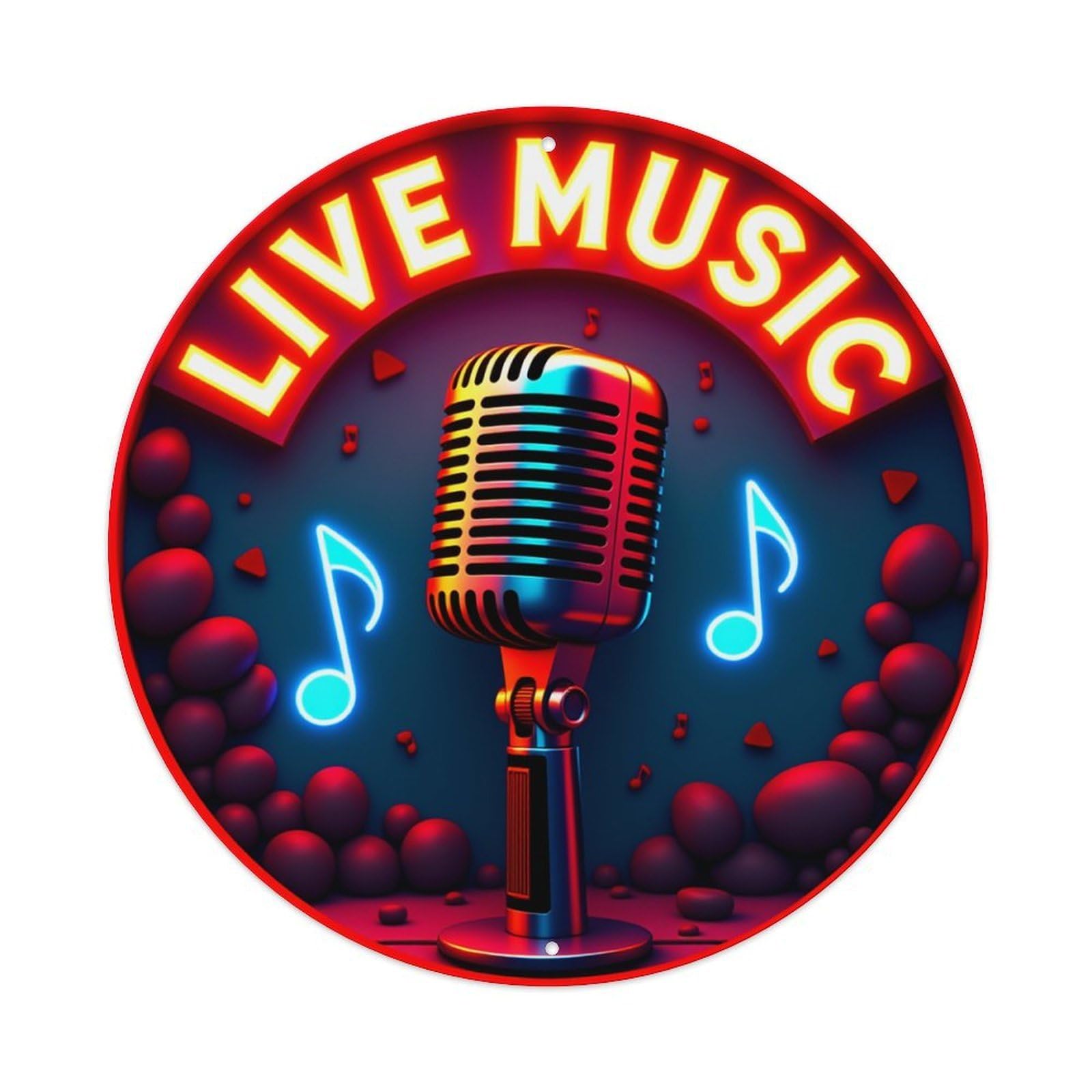 Live Music Microphone Neon Lights Musical Notes Round Vintage Tin Sign,Retro Wall Art,Metal Poster for Home, Bar, Garage, Cafe, Rustic Indoor & Outdoor Decor, 8x8 Inches