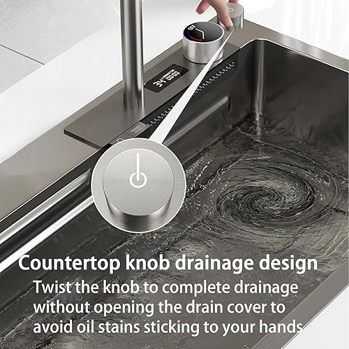 Miniatura 7 de Fregadero de cocina nano negro de acero inoxidable 304 con cascada de un solo cuenco, fregadero de cocina con carga superior multifuncional y grifo