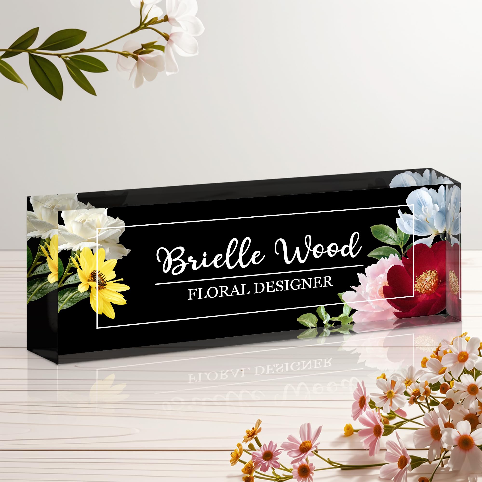 Personalized Name Plate for Desk, Custom Acrylic Desk Name Sign, Office Appreciation Gifts for Women Men Coworkers Boss Teacher Employee (Flower)