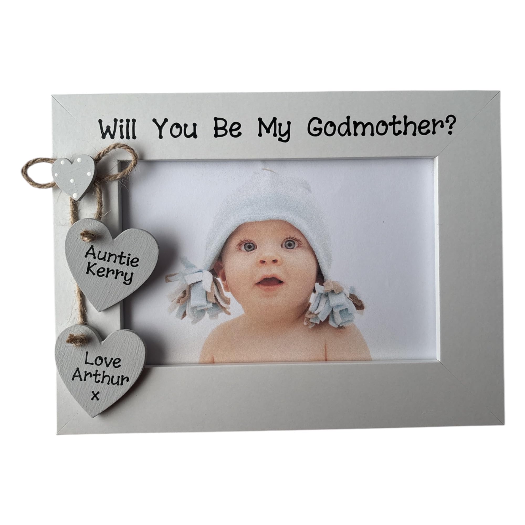 Will You Be My Godmother Photo Frame, Grey Wooden Frame with Heart Decorations, Personalised Picture Frame