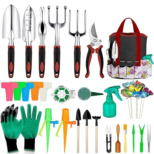 Tudoccy Garden Tools Set 83 Piece, Succulent Tools Set Included, Heavy Duty Aluminum Gardening Tools for Gardening, Non-Slip Ergonomic Handle, Durable Storage Tote Bag, Gifts for Men Women - Red