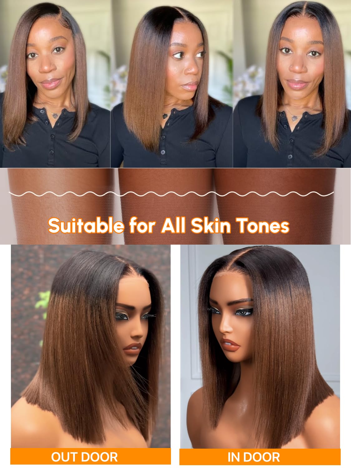 Julia Hair 12 Inch Chestnut Brown Ombre Yaki Straight Bob Wig Glueless Pre Cut 13X4 HD Lace Front Wig Human Hair with Dark Roots Pre Bleached Pre-Plucked with Ear Tape Ready to Go Short Yaki Wig