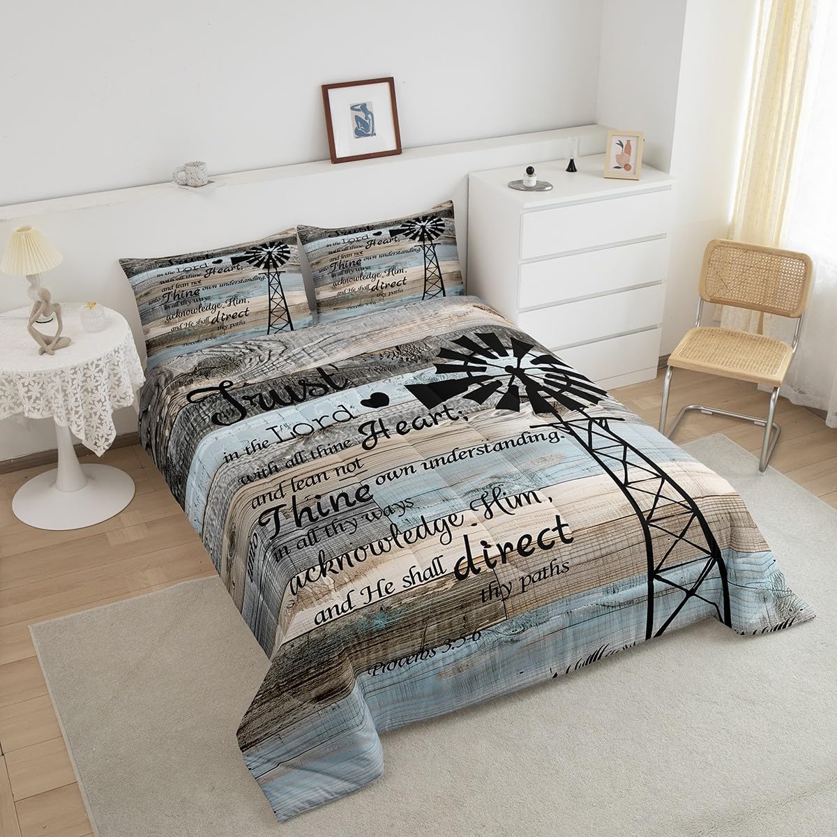 Erosebridal Rustic Wooden Duvet Insert Twin Farmhouse Windmill Bedding Set Patchwork Country Comforter Set for Kids Boys Girls,Brown Gray Blue Vintage Barn Door Quilt Set Cabin Lodge Decor 2 Pcs