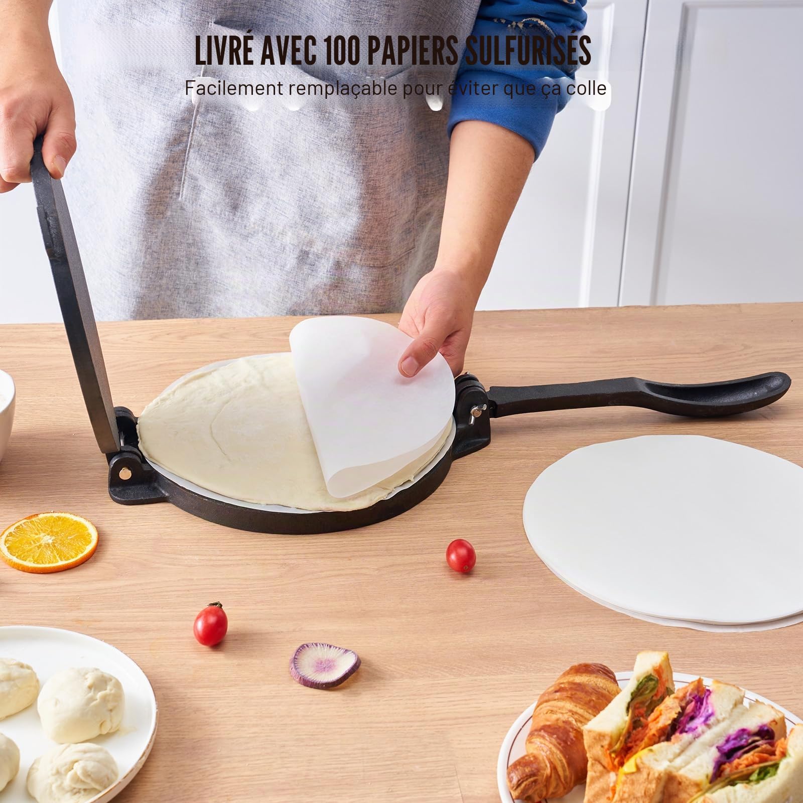 VEVOR Presse à Tortillas en Fonte Résistant 25 cm Appareil Chapati Manuel Presse à Burrito avec 100 Feuilles de Papiers Supplémentaires Parfaite pour Faire les Crêpes les Tartes les Rotis Indiens