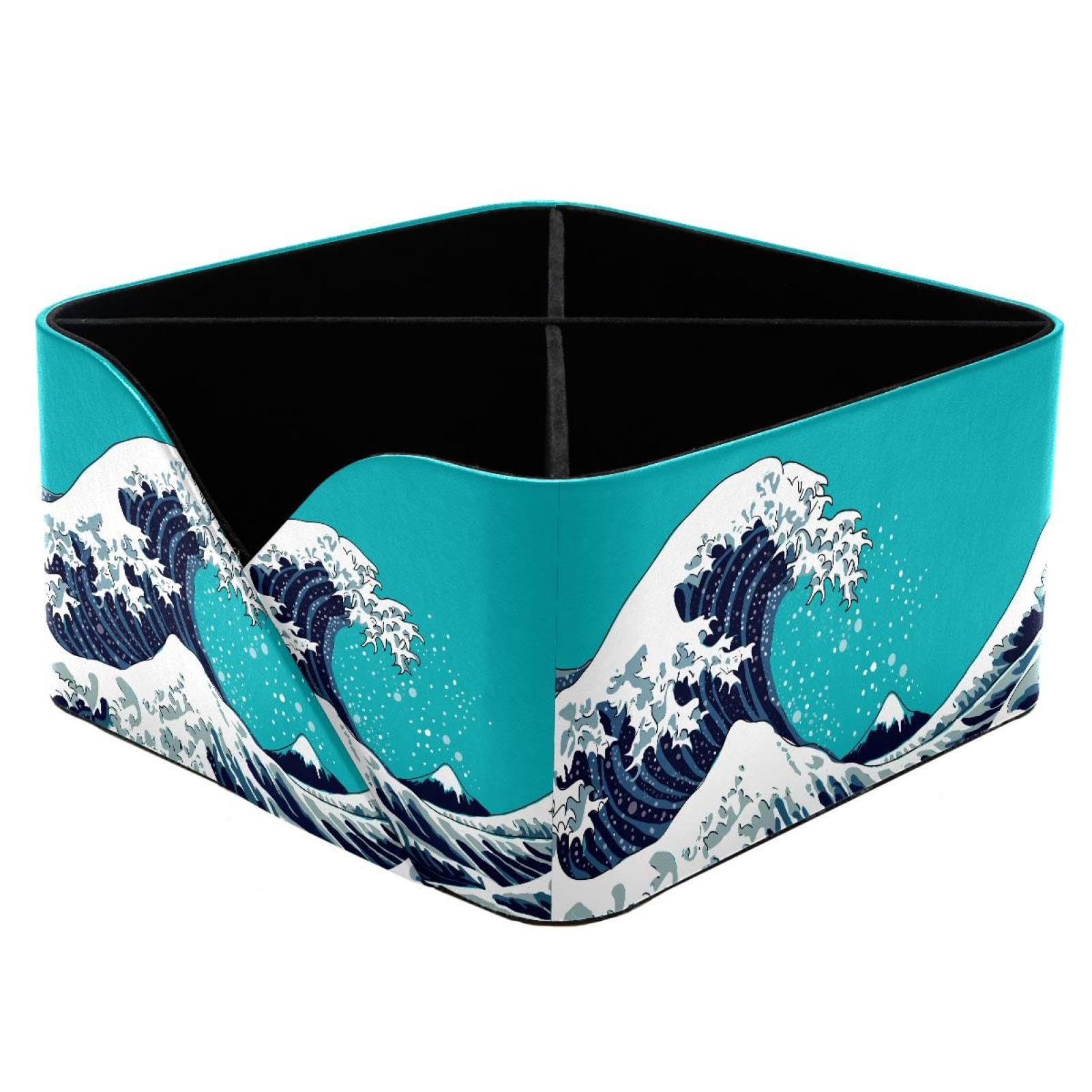 KengjuTesu Japanese Waves Desktop Organizer Pen Holder, Rectangular Pencil Cup for Office, Study and Makeup Stations