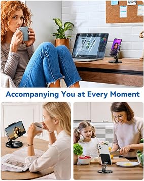 Phone Stand for Desk, 360 Rotating Dual Adjustable Foldable Holder, Heavy Solid All-Aluminum Base Anti-Slip Stable Support for Home Office Study, Fits iPhone Galaxy 4-8 Phones (Black)