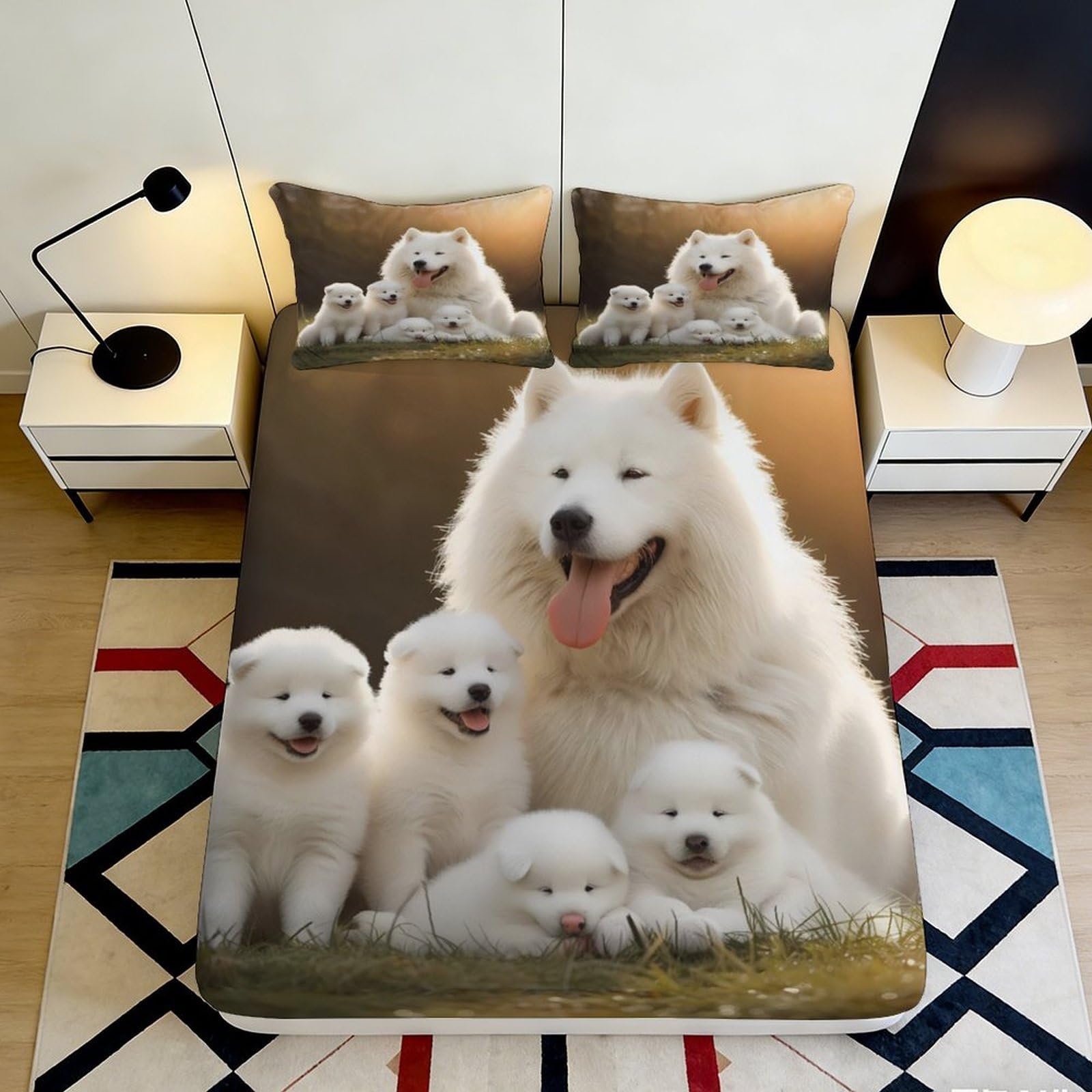 Pnayamiorkfel Style-6 3D Printed Samoyed Dog Family Fitted Sheet Microfiber Non-Slip Bed Cover For Bedroom Guest Room Decor Easy Care 90X200x25cm